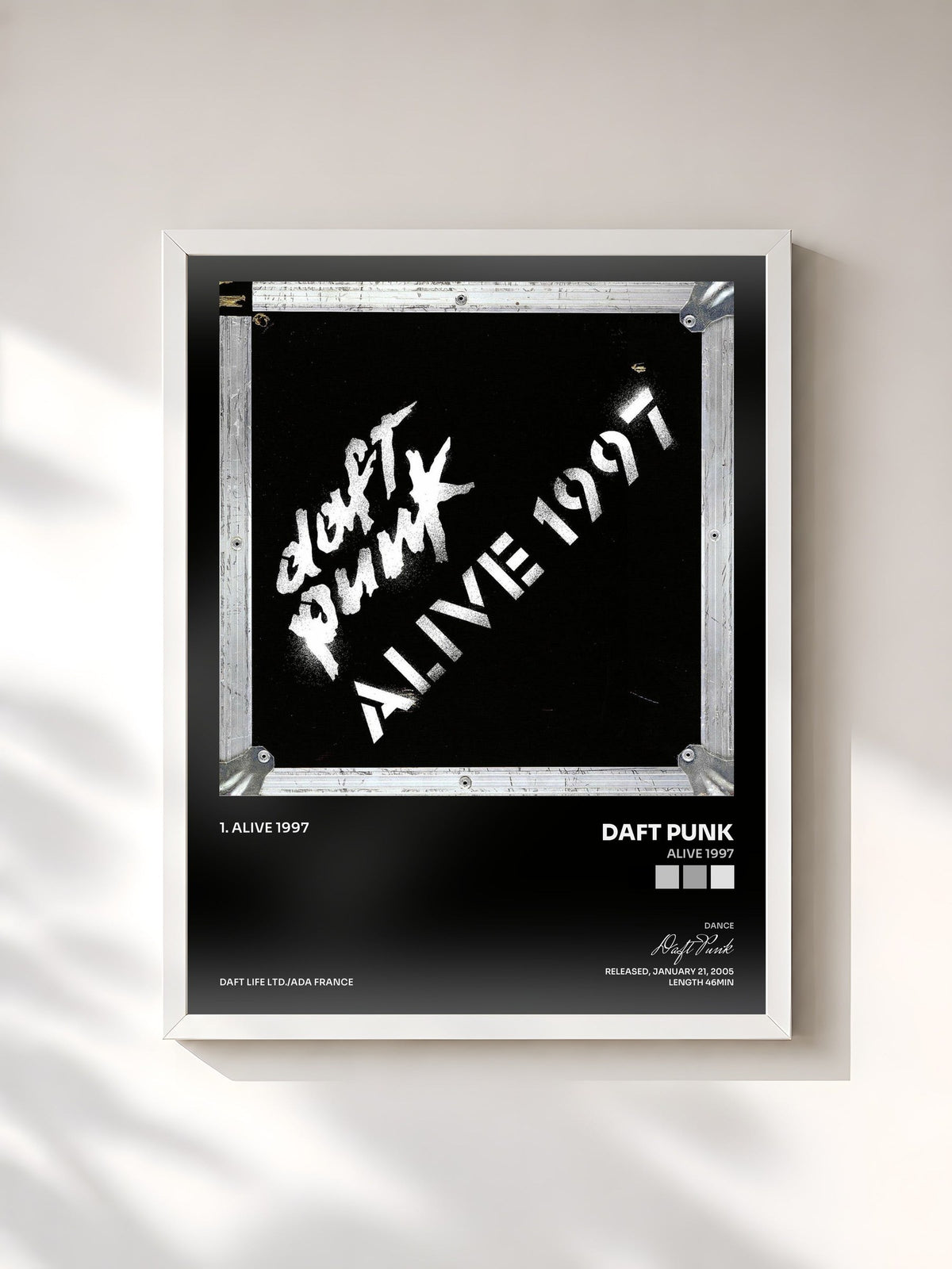#blanc Tableau de l'album Alive 1997 de Daft Punk, cadre blanc, imprimé et encadré en France