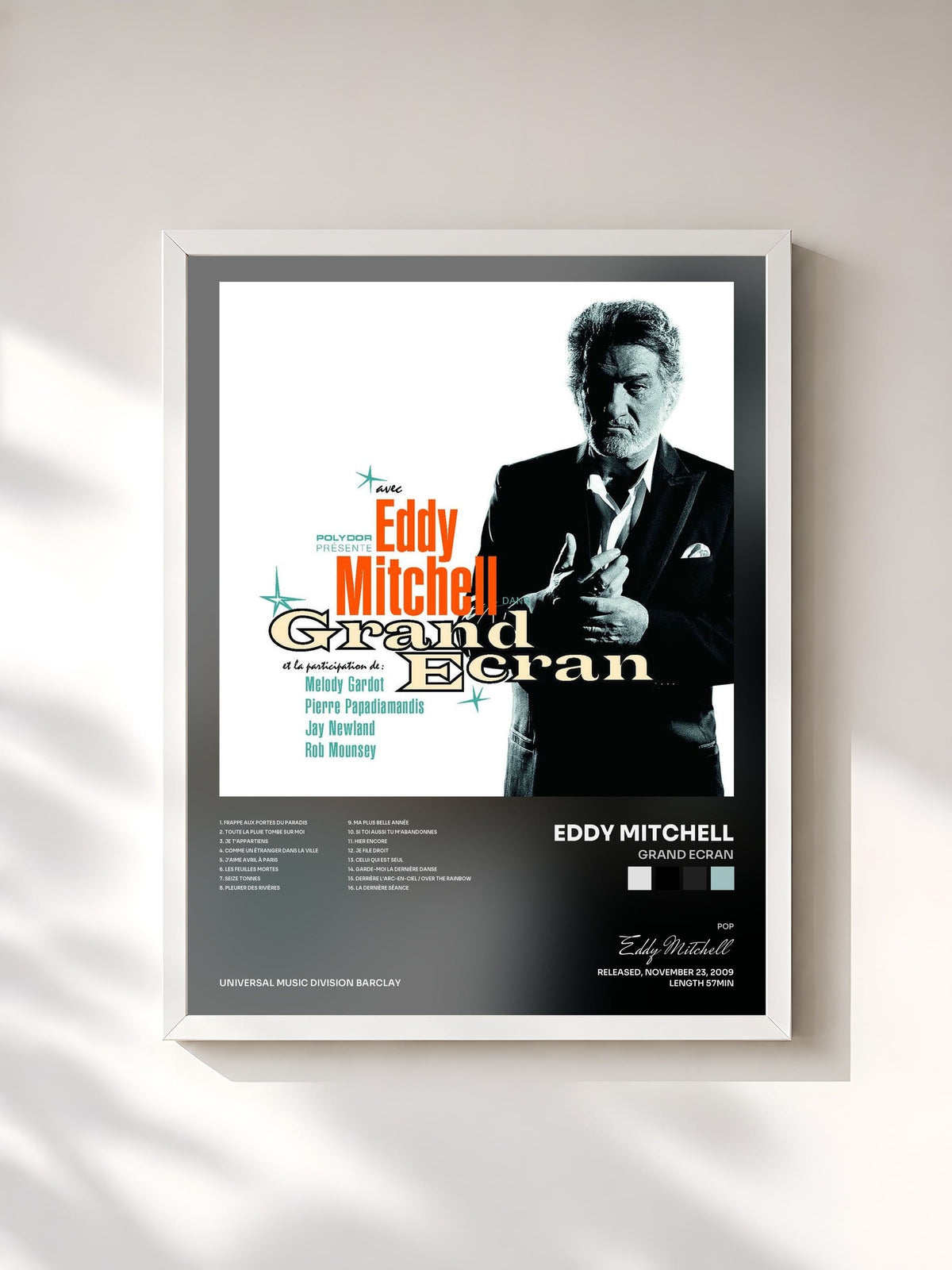 #blanc Tableau de l'album Grand Ecran de Eddy Mitchell, cadre blanc, imprimé et encadré en France