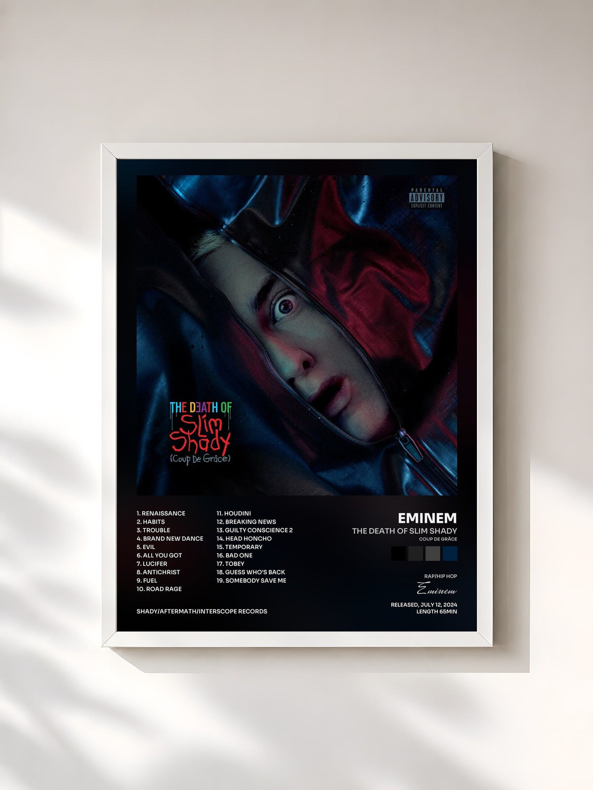 #blanc Tableau de l'album The Death of Slim Shady (Coup De Grâce) de Eminem, cadre blanc, imprimé et encadré en France