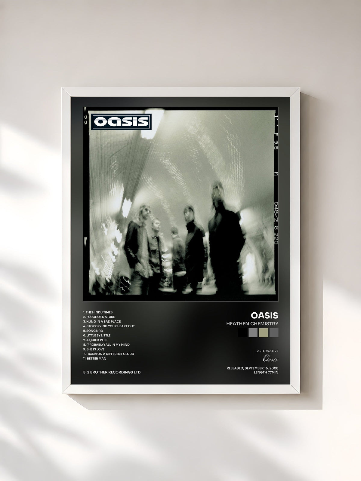 #blanc Tableau de l'album Heathen Chemistry de Oasis, cadre blanc, imprimé et encadré en France