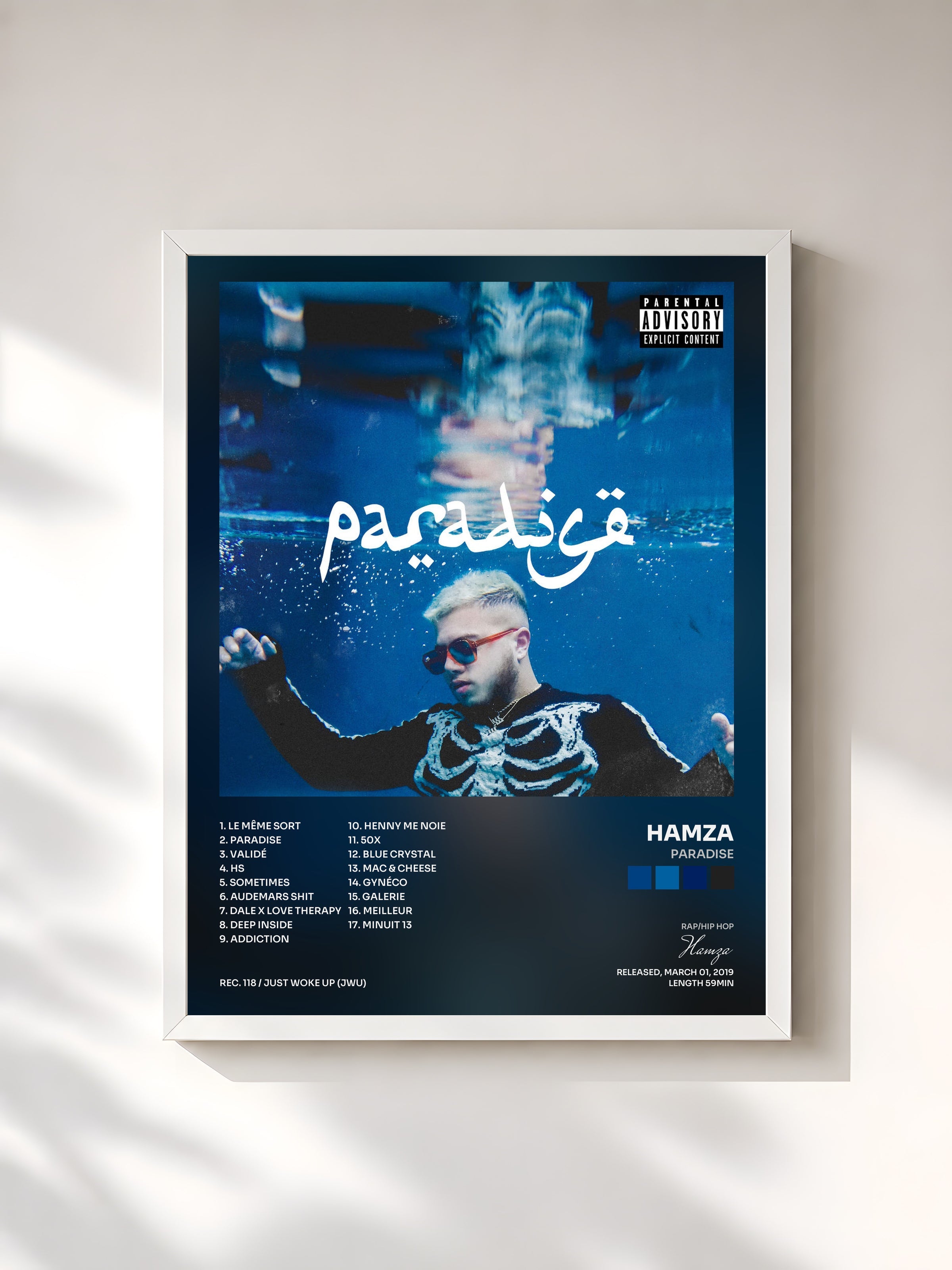 #blanc Tableau de l'album Paradise de Hamza, cadre blanc, imprimé et encadré en France