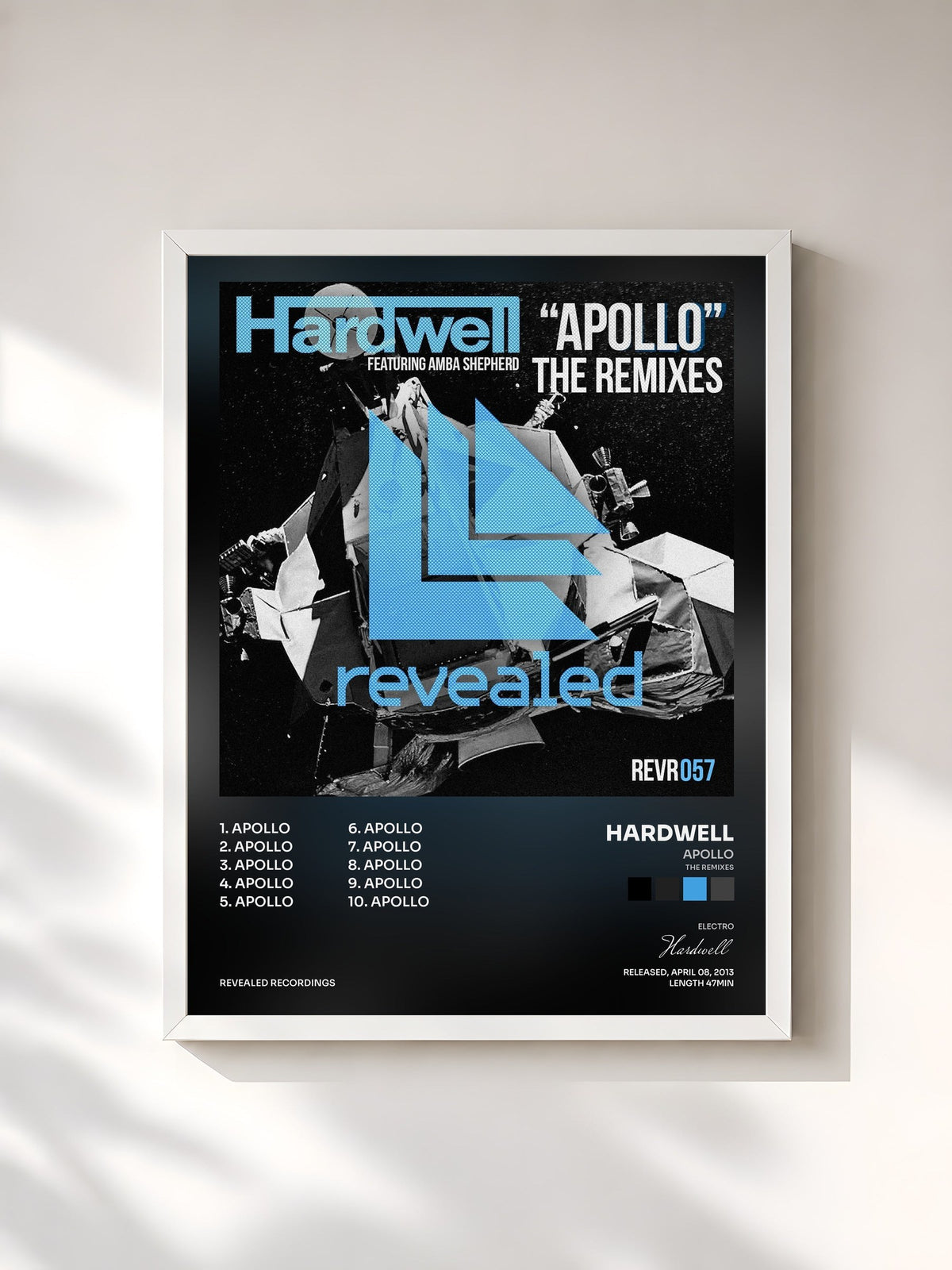 #blanc Tableau de l'album Apollo (The Remixes) de Hardwell, cadre blanc, imprimé et encadré en France
