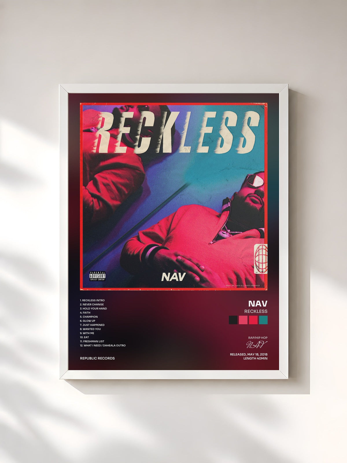 #blanc Tableau de l'album RECKLESS de NAV, cadre blanc, imprimé et encadré en France