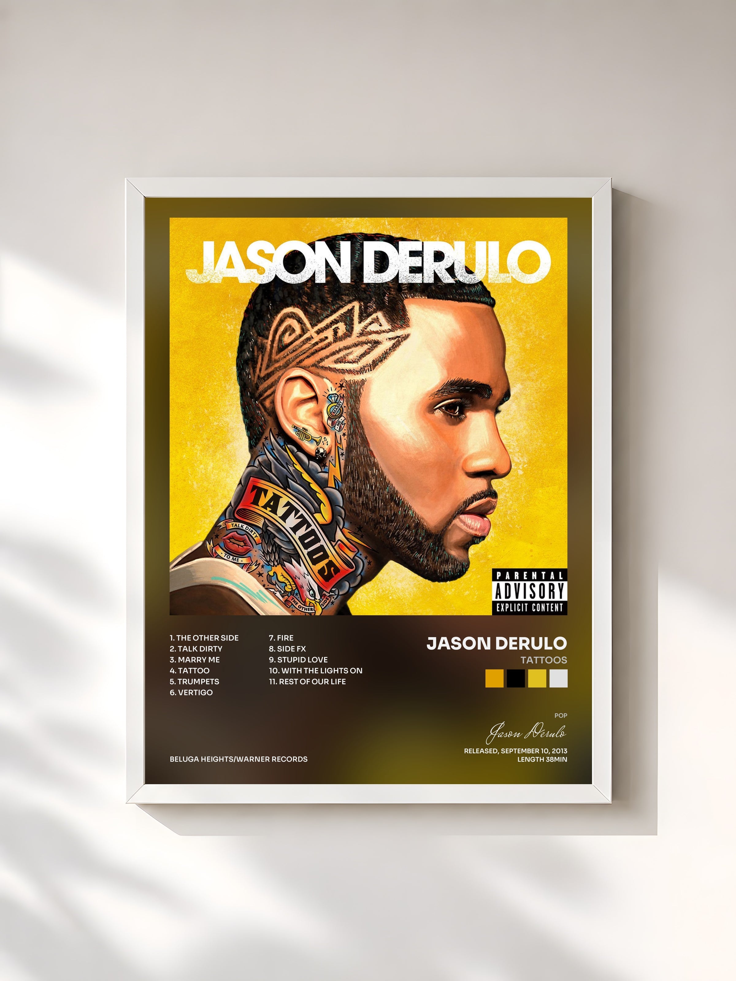 #blanc Tableau de l'album Tattoos de Jason Derulo, cadre blanc, imprimé et encadré en France