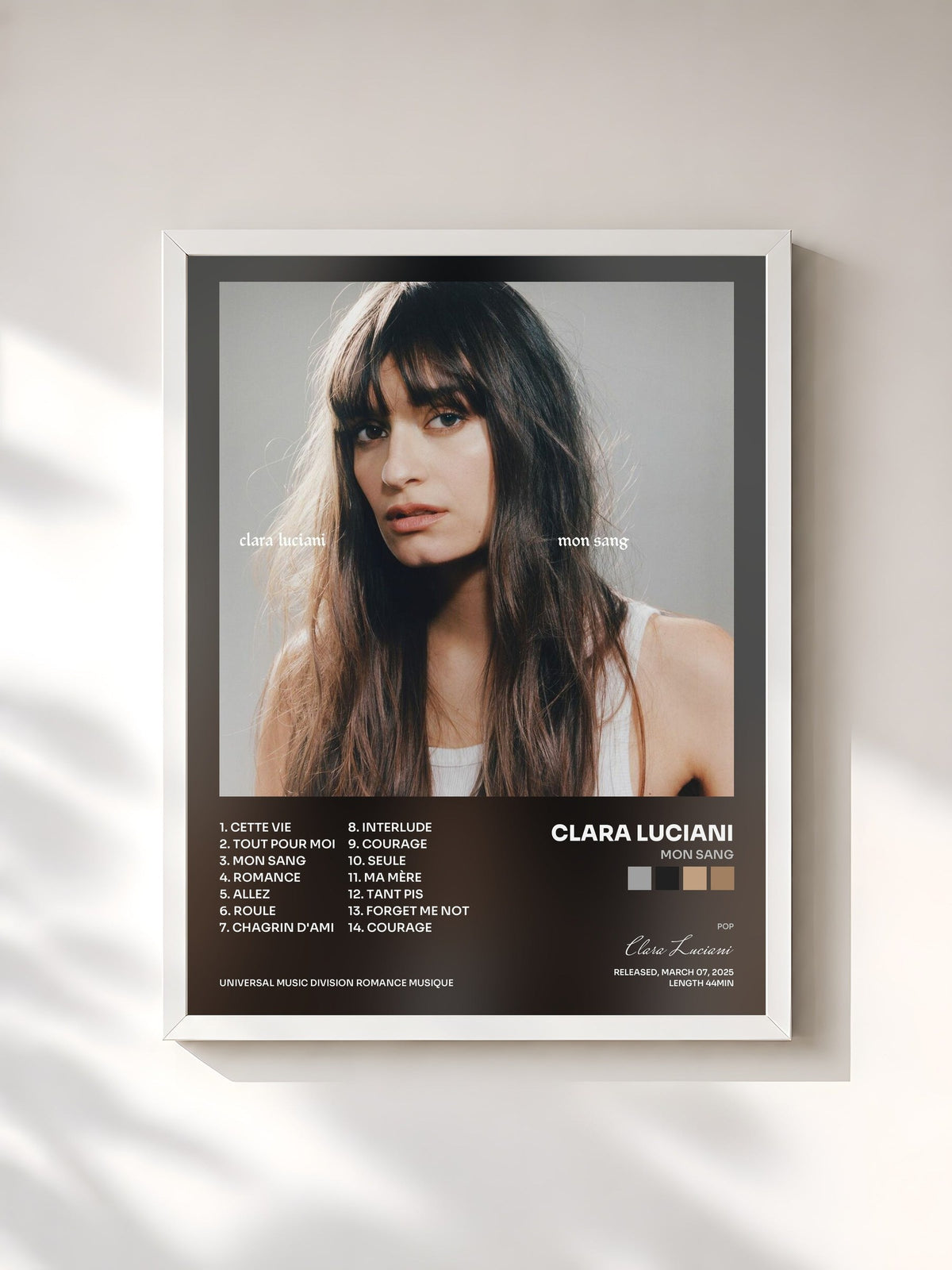 #blanc Tableau de l'album Mon sang de Clara Luciani, cadre blanc, imprimé et encadré en France