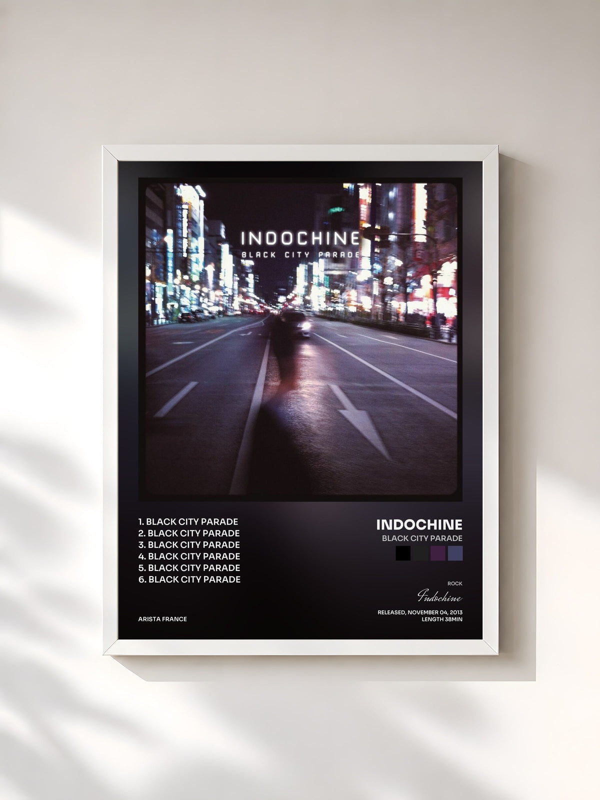 #blanc Black City Parade by Indochine as a framed art print, white frame, printed and framed in France