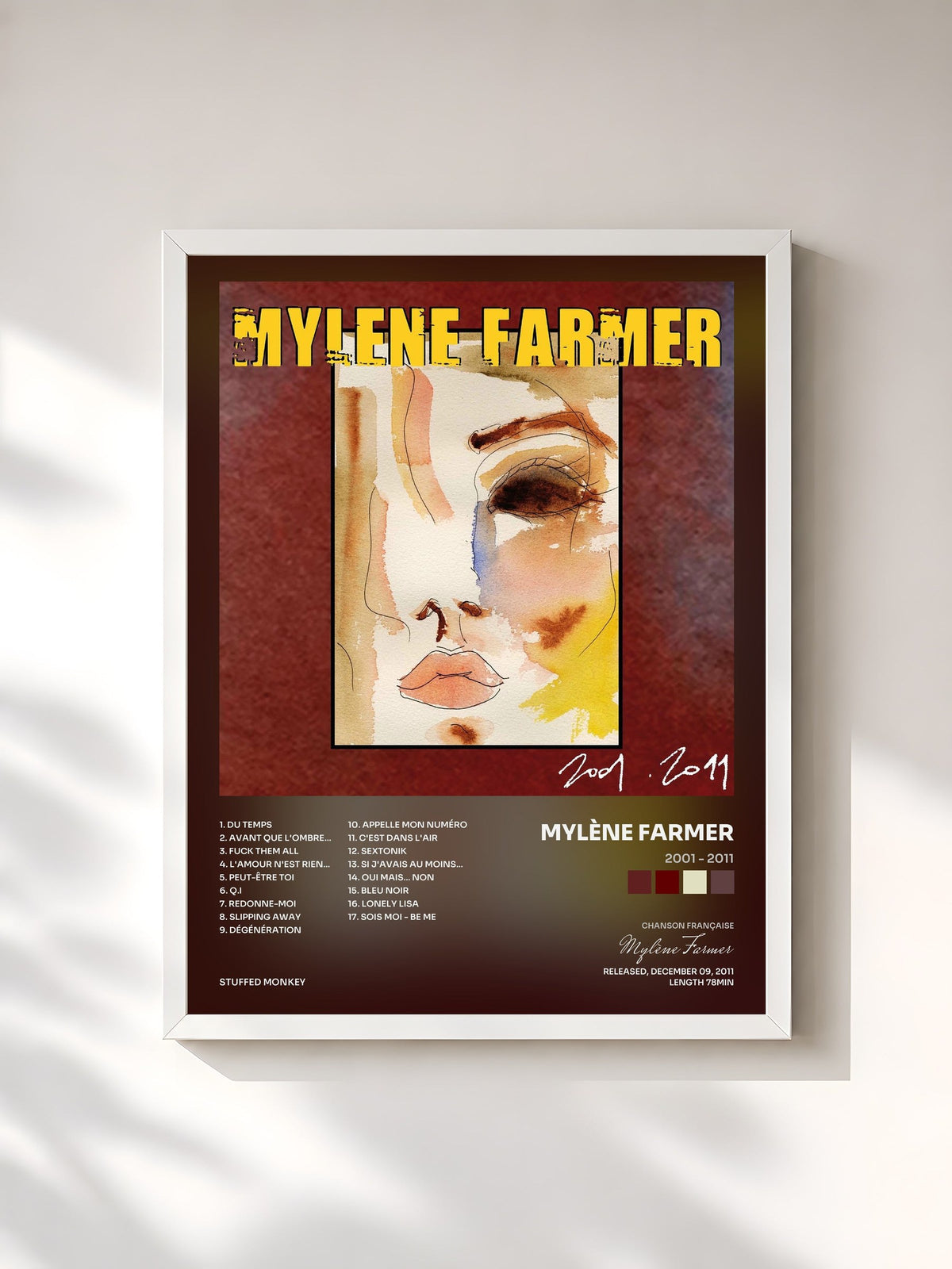 #blanc Tableau de l'album 2001 - 2011 de Mylène Farmer, cadre blanc, imprimé et encadré en France