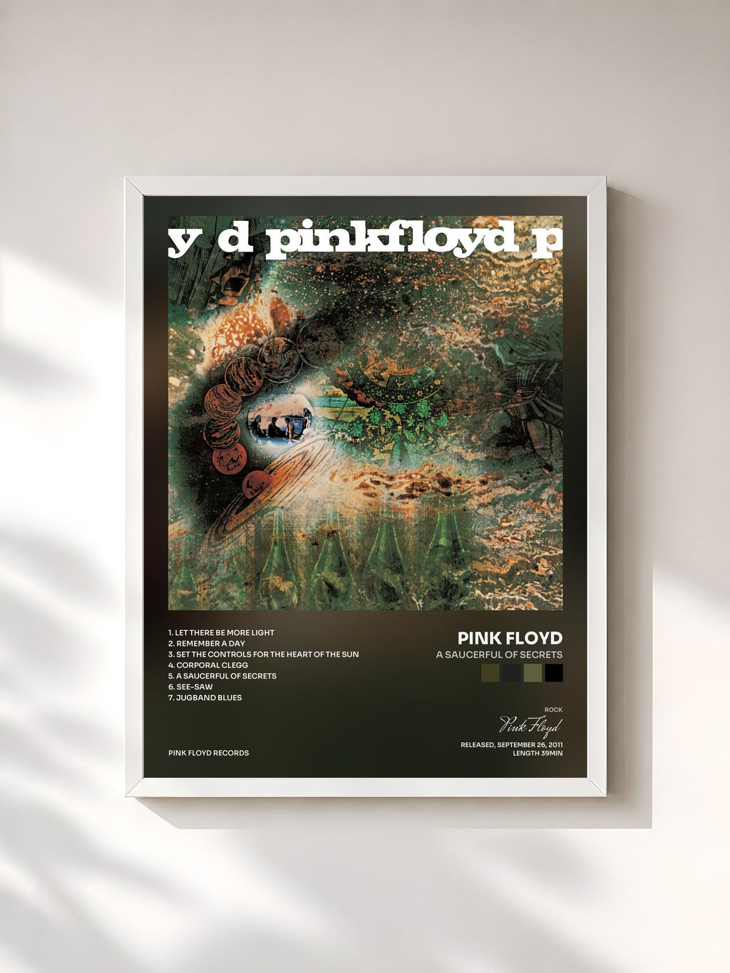 #blanc Tableau de l'album A Saucerful of Secrets de Pink Floyd, cadre blanc, imprimé et encadré en France