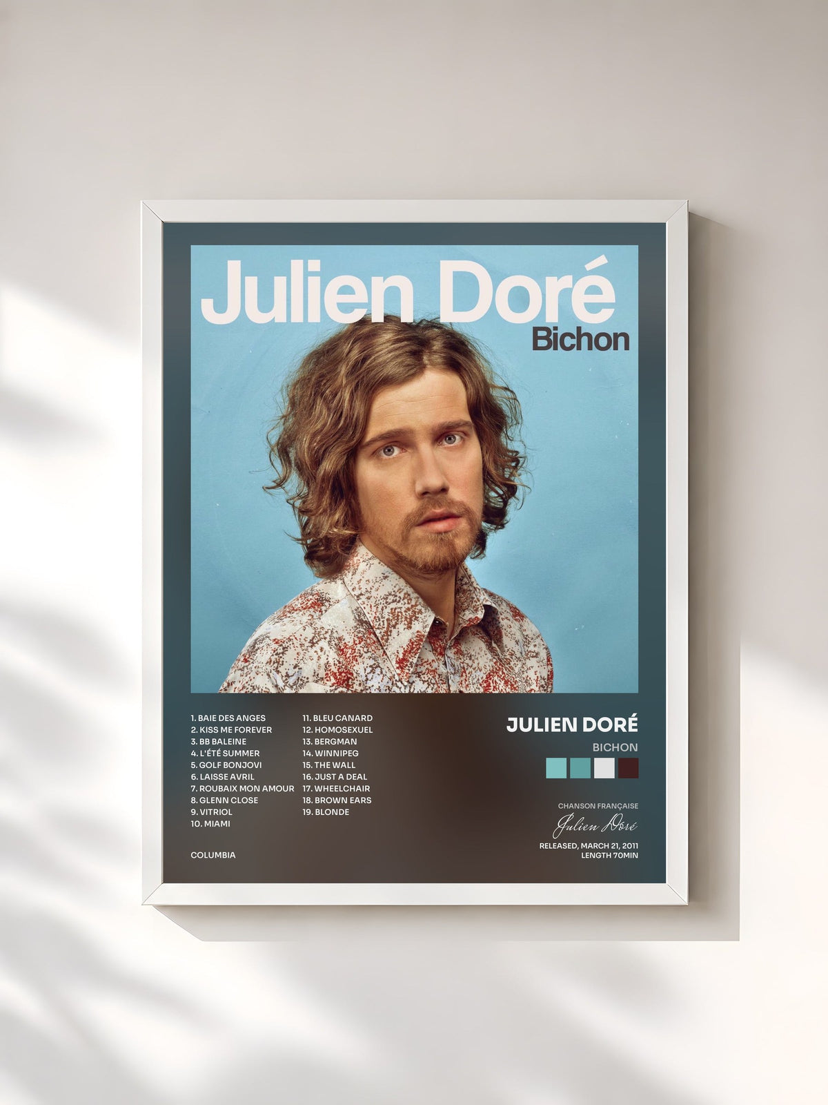 #blanc Tableau de l'album Bichon de Julien Doré, cadre blanc, imprimé et encadré en France
