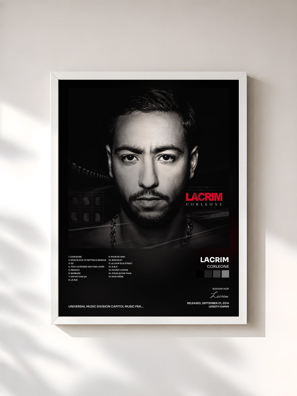 #blanc Tableau de l'album Corleone de Lacrim, cadre blanc, imprimé et encadré en France
