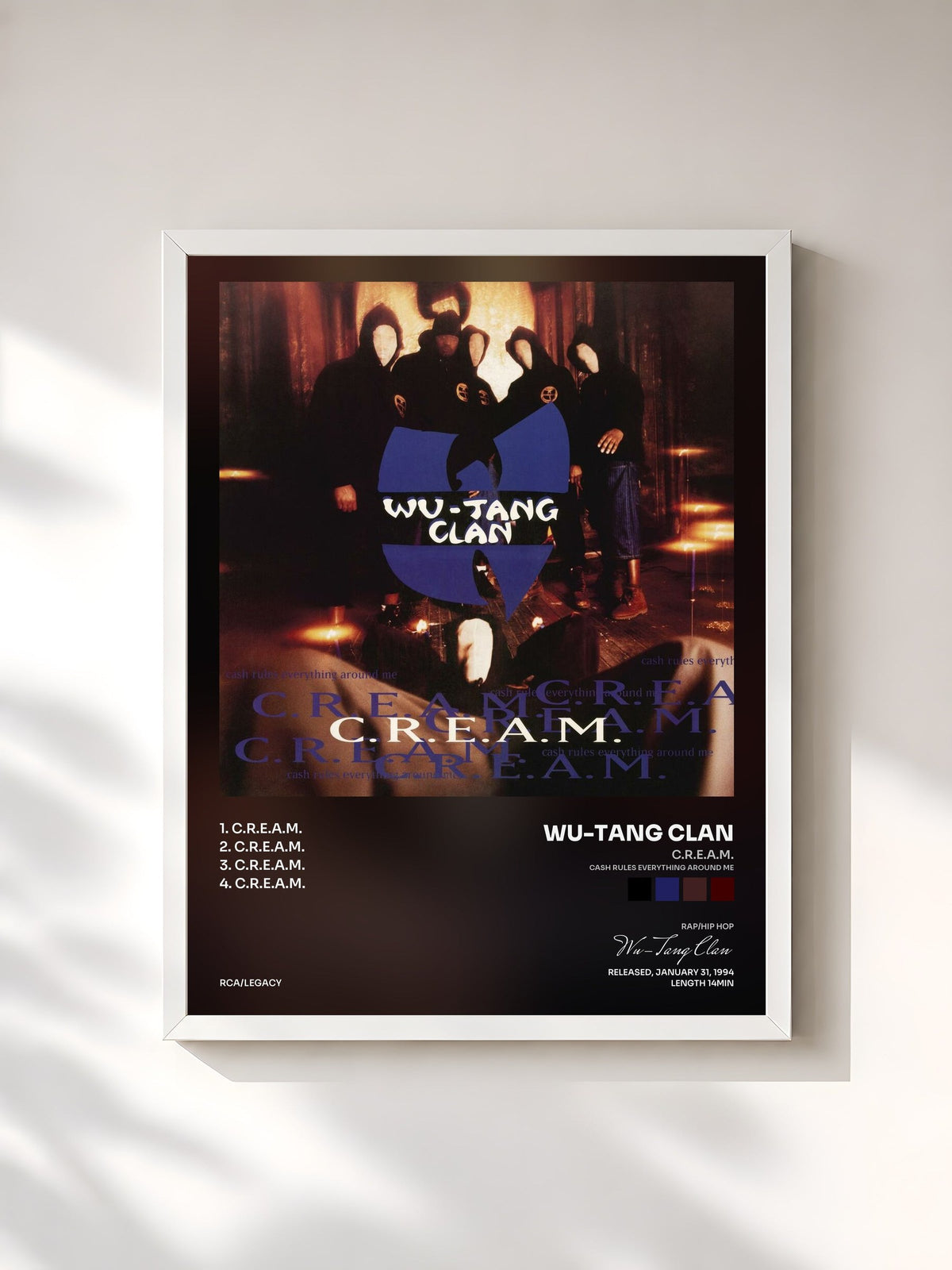 #blanc C.R.E.A.M. (Cash Rules Everything Around Me) by Wu-Tang Clan as a framed art print, white frame, printed and framed in France