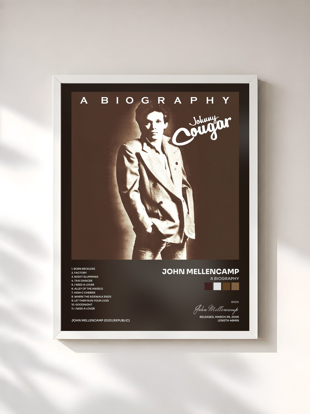 #blanc A Biography de John Mellencamp en lámina enmarcada, marco blanco, impresa y enmarcada en Francia