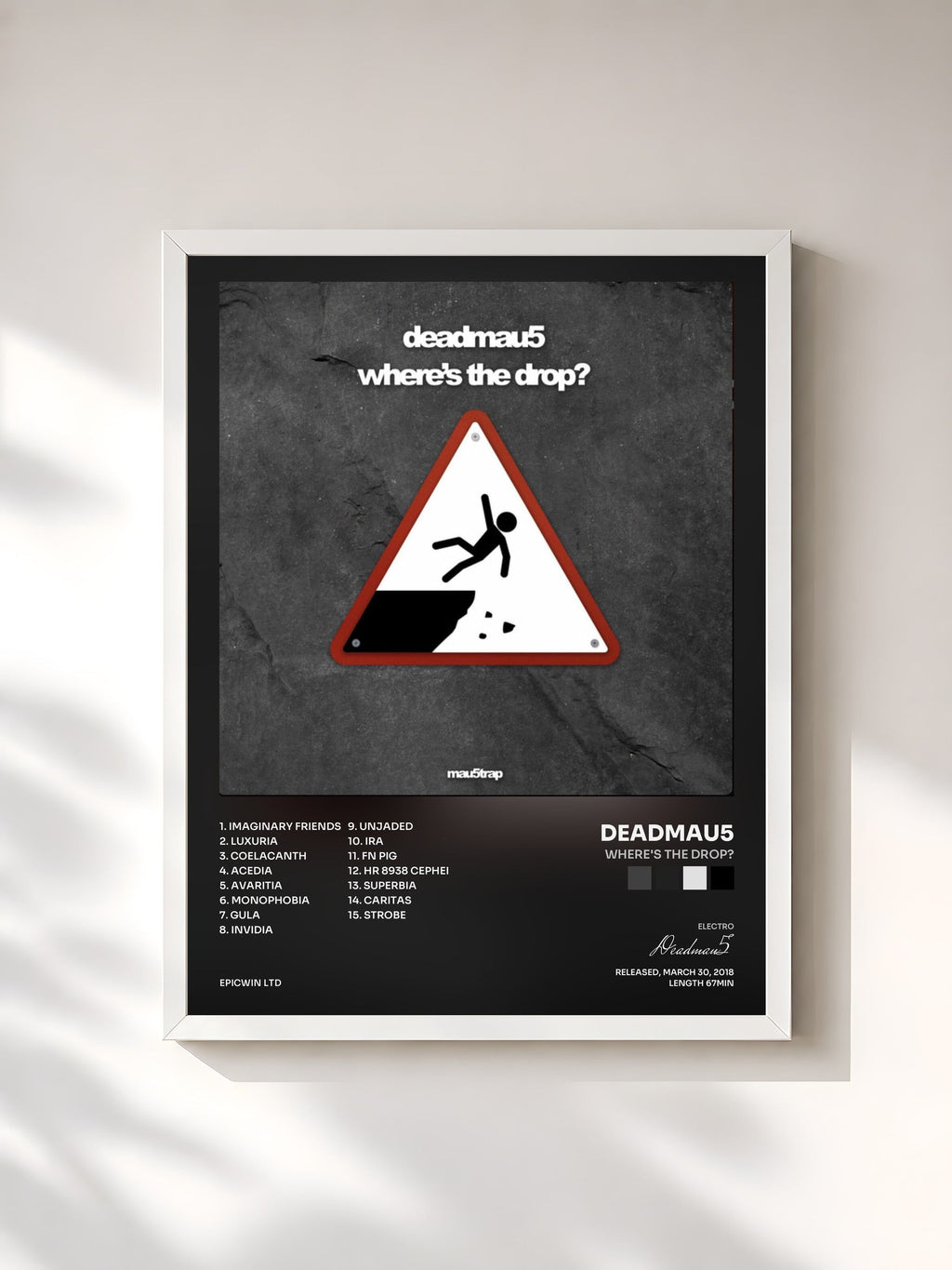 #blanc Tableau de l'album where's the drop? de Deadmau5, cadre blanc, imprimé et encadré en France