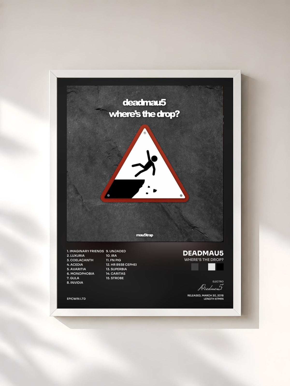 #blanc Tableau de l'album where's the drop? de Deadmau5, cadre blanc, imprimé et encadré en France