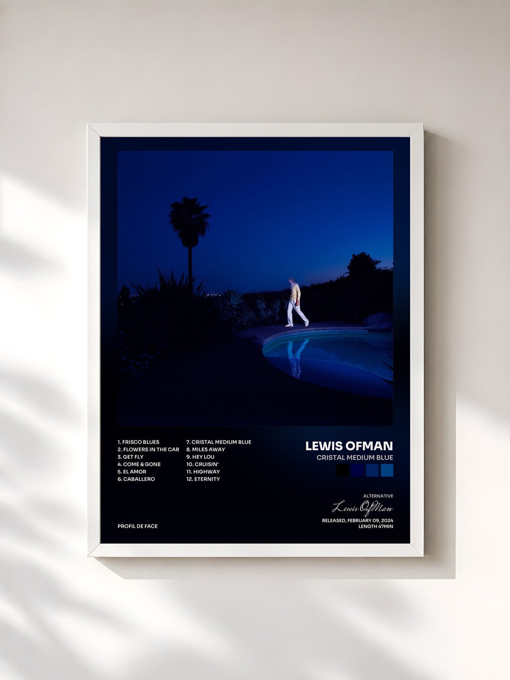 #blanc Tableau de l'album Cristal Medium Blue de Lewis OfMan, cadre blanc, imprimé et encadré en France