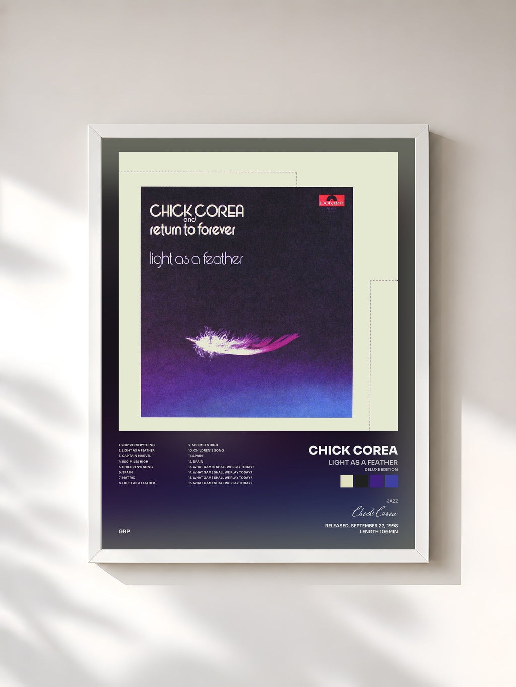 #blanc Tableau de l'album Light As A Feather (Deluxe Edition) de Chick Corea, cadre blanc, imprimé et encadré en France