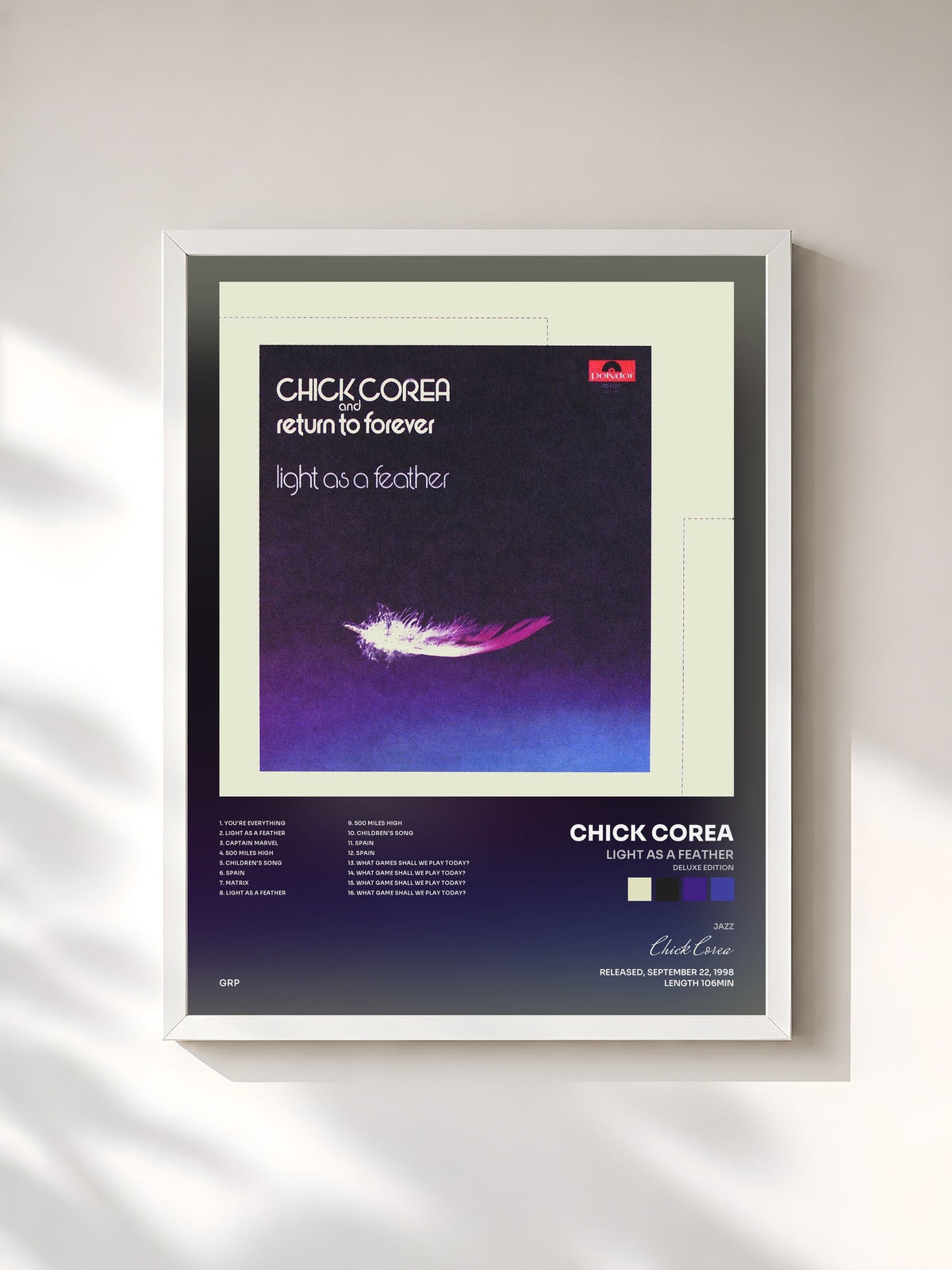 #blanc Tableau de l'album Light As A Feather (Deluxe Edition) de Chick Corea, cadre blanc, imprimé et encadré en France