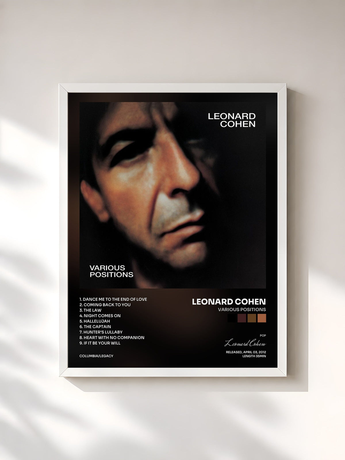 #blanc Tableau de l'album Various Positions de Leonard Cohen, cadre blanc, imprimé et encadré en France