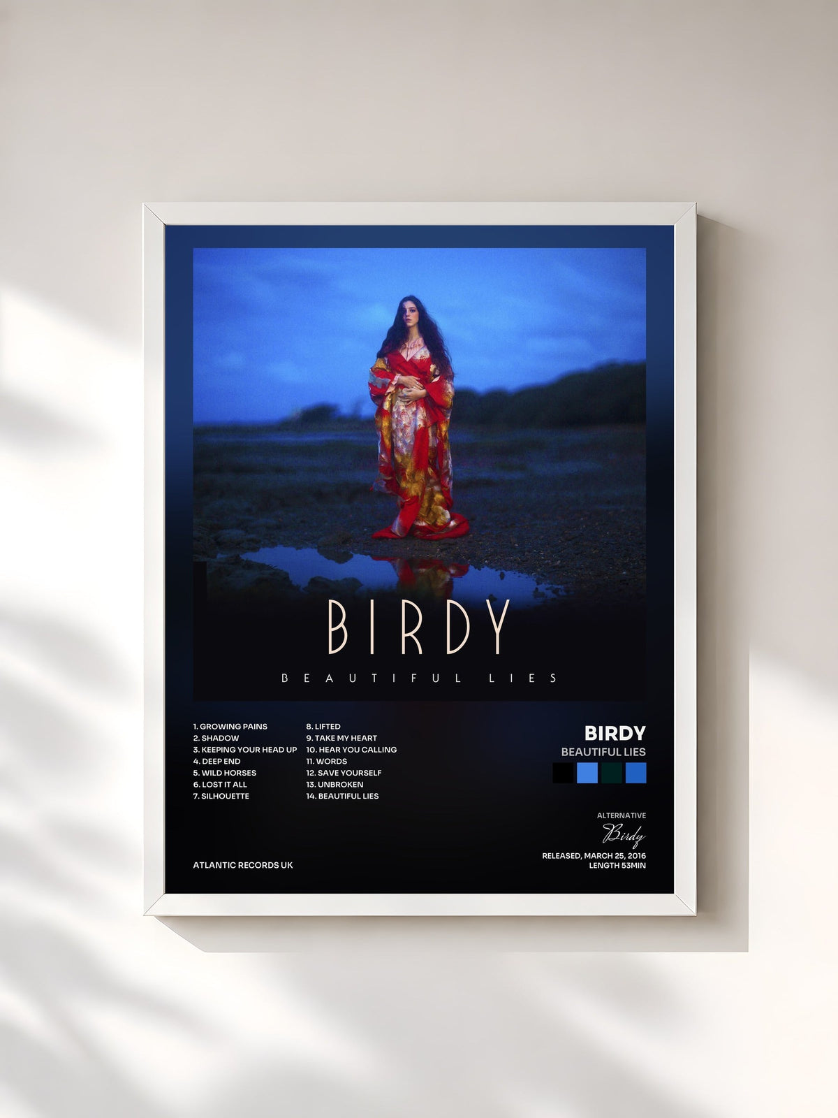 #blanc Tableau de l'album Beautiful Lies de Birdy, cadre blanc, imprimé et encadré en France