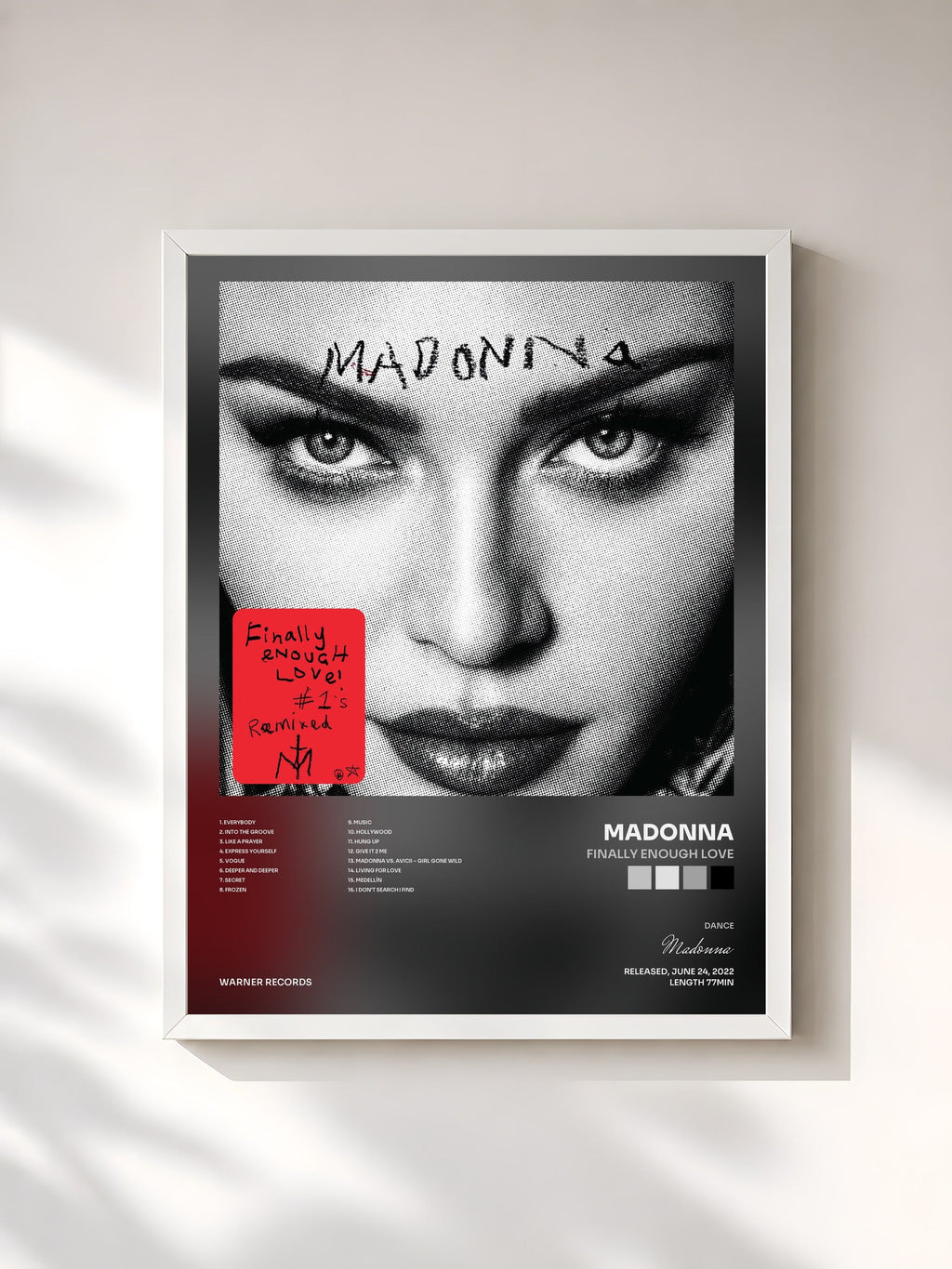 #blanc Tableau de l'album Finally Enough Love de Madonna, cadre blanc, imprimé et encadré en France