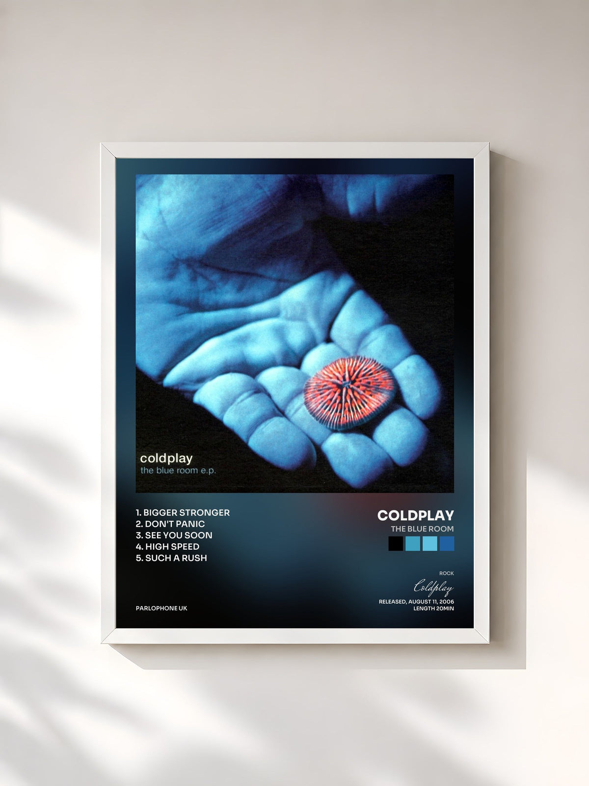 #blanc Tableau de l'album The Blue Room de Coldplay, cadre blanc, imprimé et encadré en France