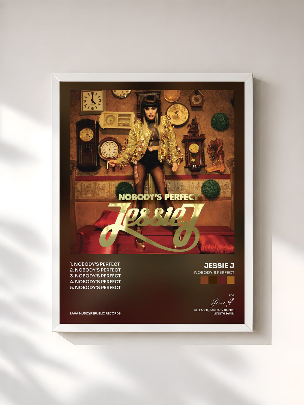 #blanc Tableau de l'album Nobody's Perfect de Jessie J, cadre blanc, imprimé et encadré en France