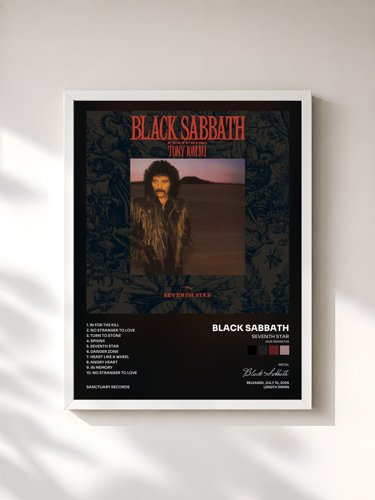 #blanc Tableau de l'album Seventh Star (2026 Remaster) de Black Sabbath, cadre blanc, imprimé et encadré en France