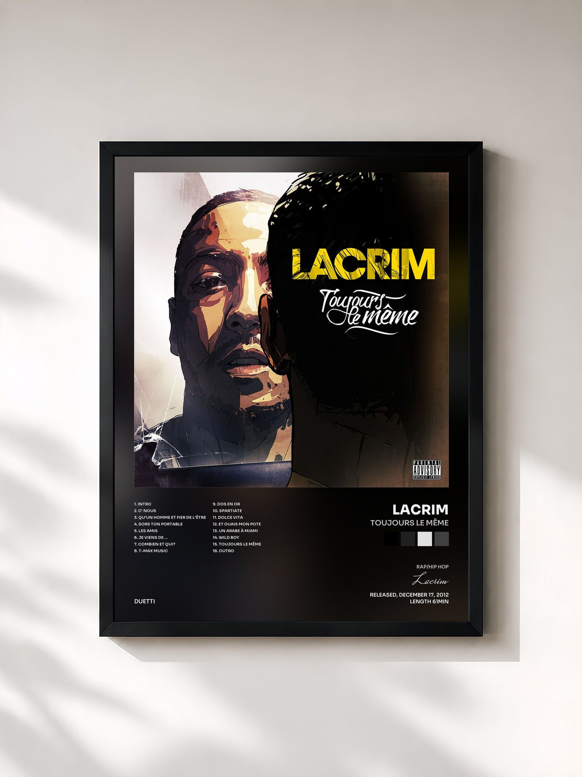 #noir Tableau de l'album Toujours le même de Lacrim, cadre noir, imprimé et encadré en France
