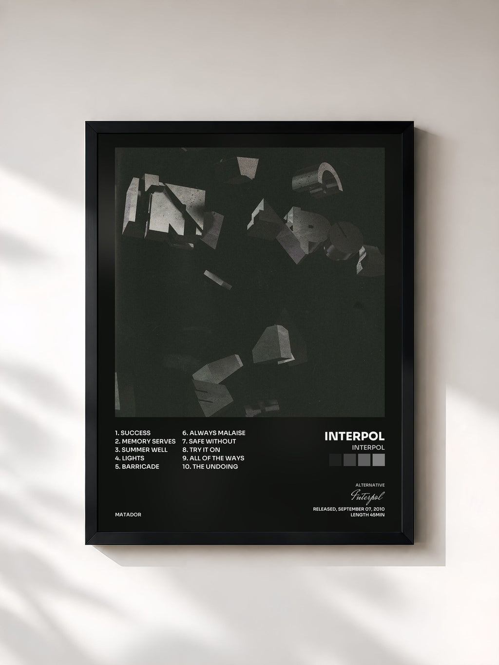 #noir Tableau de l'album Interpol de Interpol, cadre noir, imprimé et encadré en France