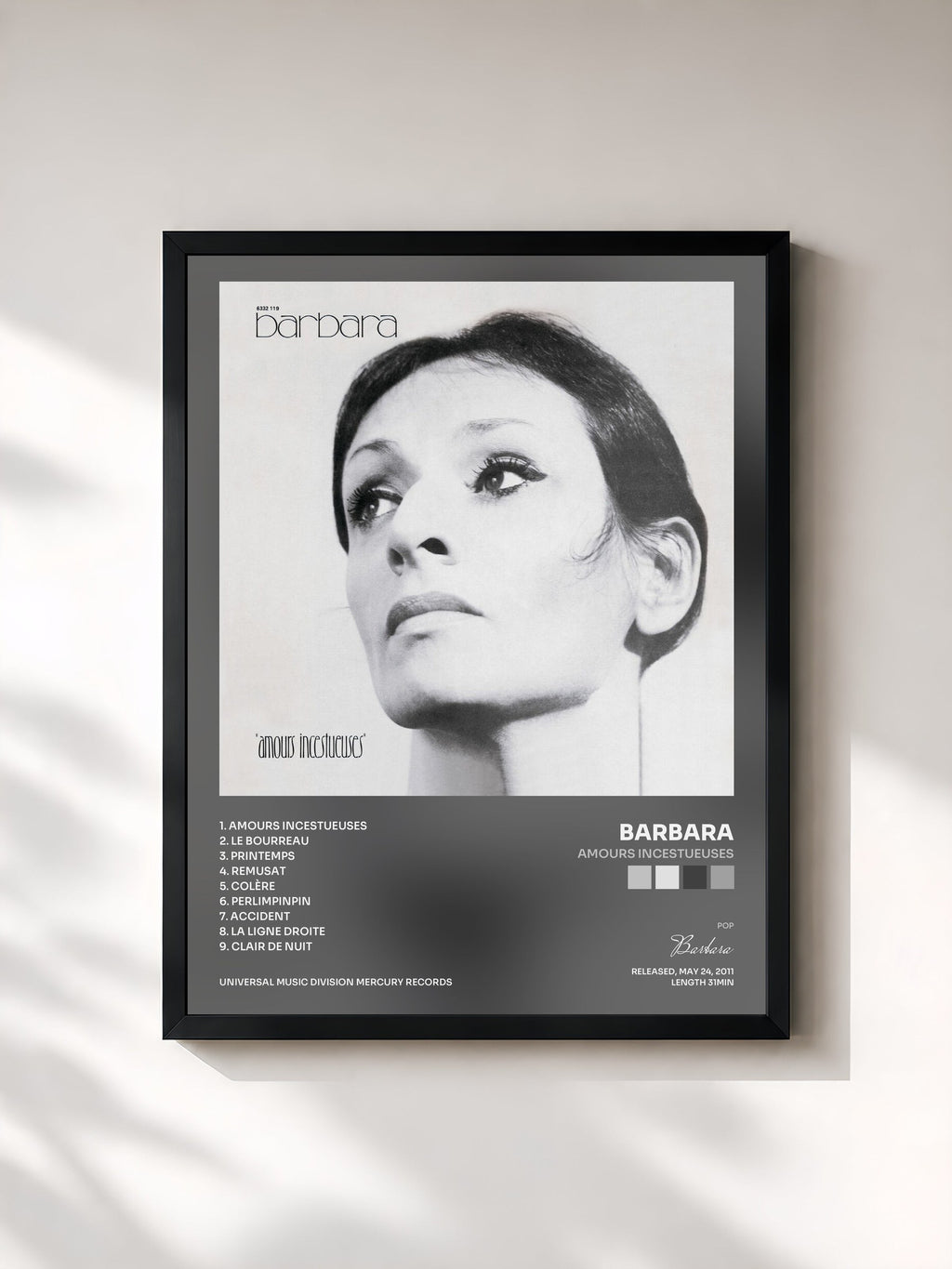 #noir Tableau de l'album Amours Incestueuses de Barbara, cadre noir, imprimé et encadré en France