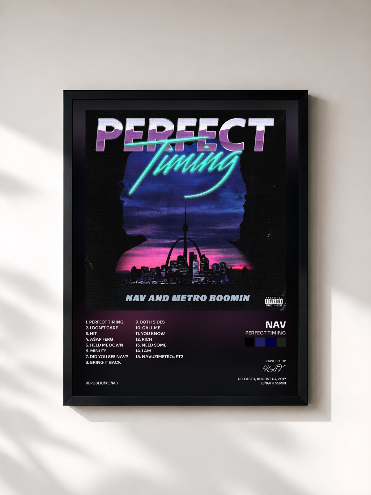#noir Tableau de l'album Perfect Timing de NAV, cadre noir, imprimé et encadré en France