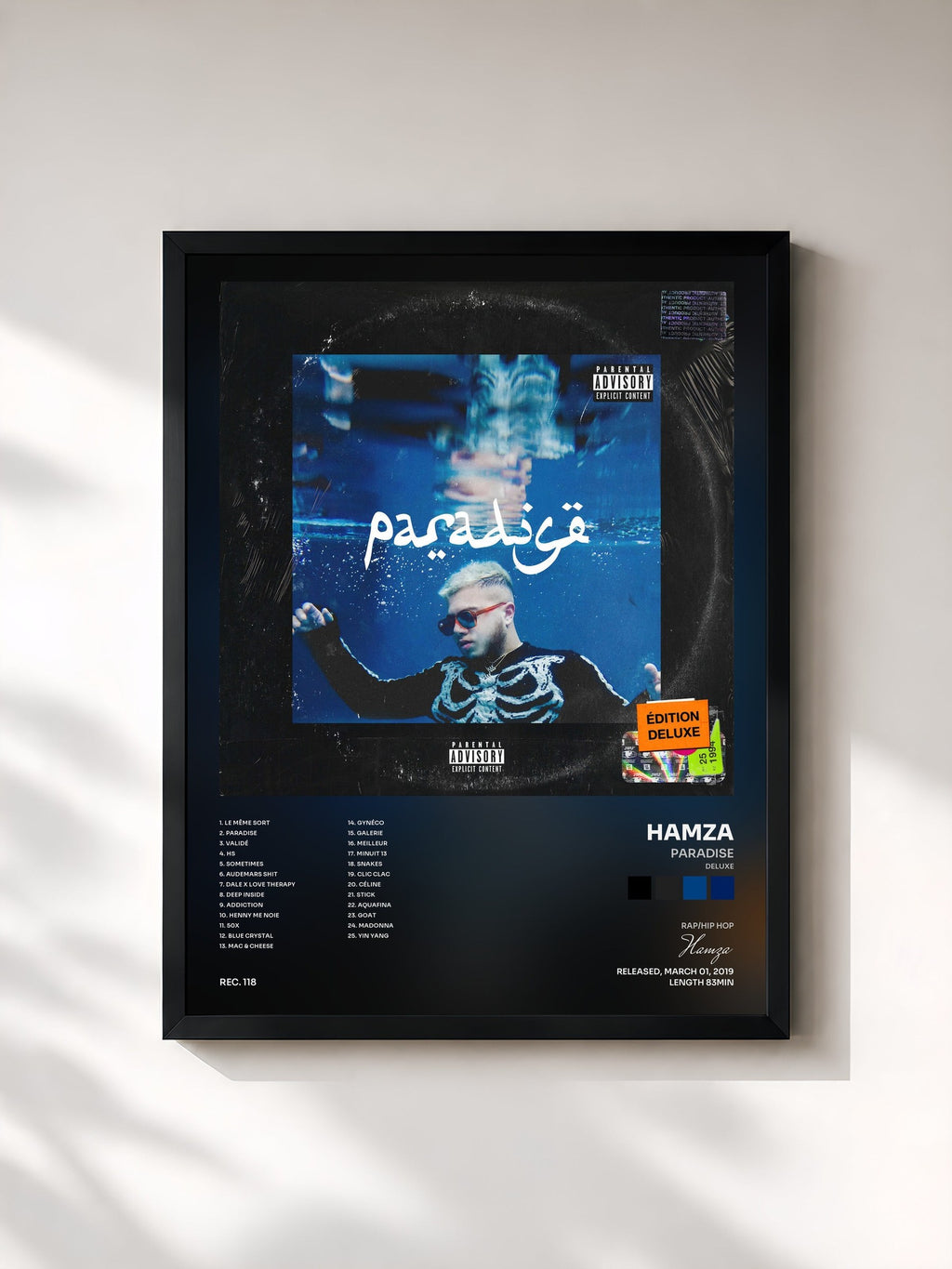 #noir Tableau de l'album Paradise (Deluxe) de Hamza, cadre noir, imprimé et encadré en France
