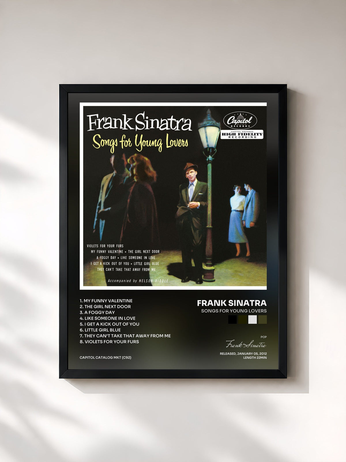 #noir Tableau de l'album Songs For Young Lovers de Frank Sinatra, cadre noir, imprimé et encadré en France