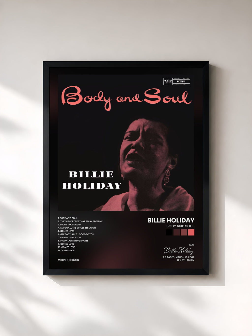 #noir Tableau de l'album Body and Soul de Billie Holiday, cadre noir, imprimé et encadré en France