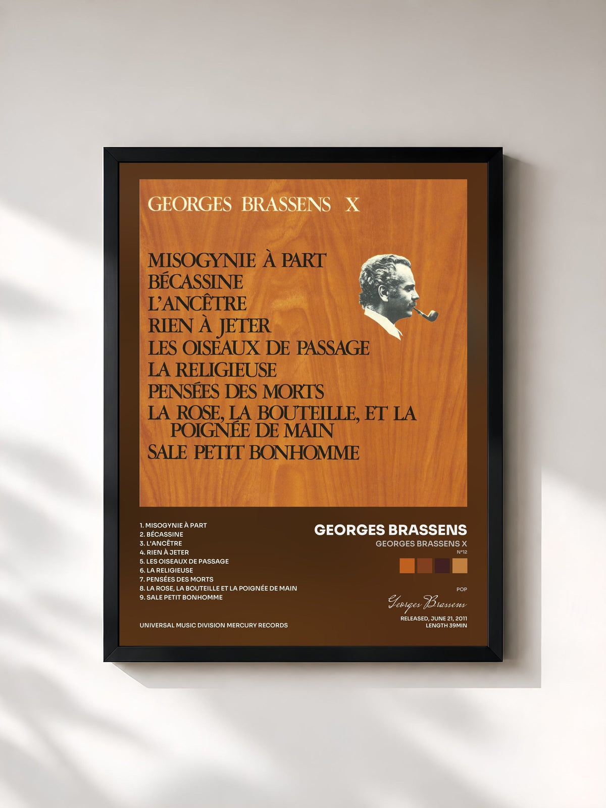 #noir Tableau de l'album Georges Brassens X (N°12) Misogynie à part de Georges Brassens, cadre noir, imprimé et encadré en France