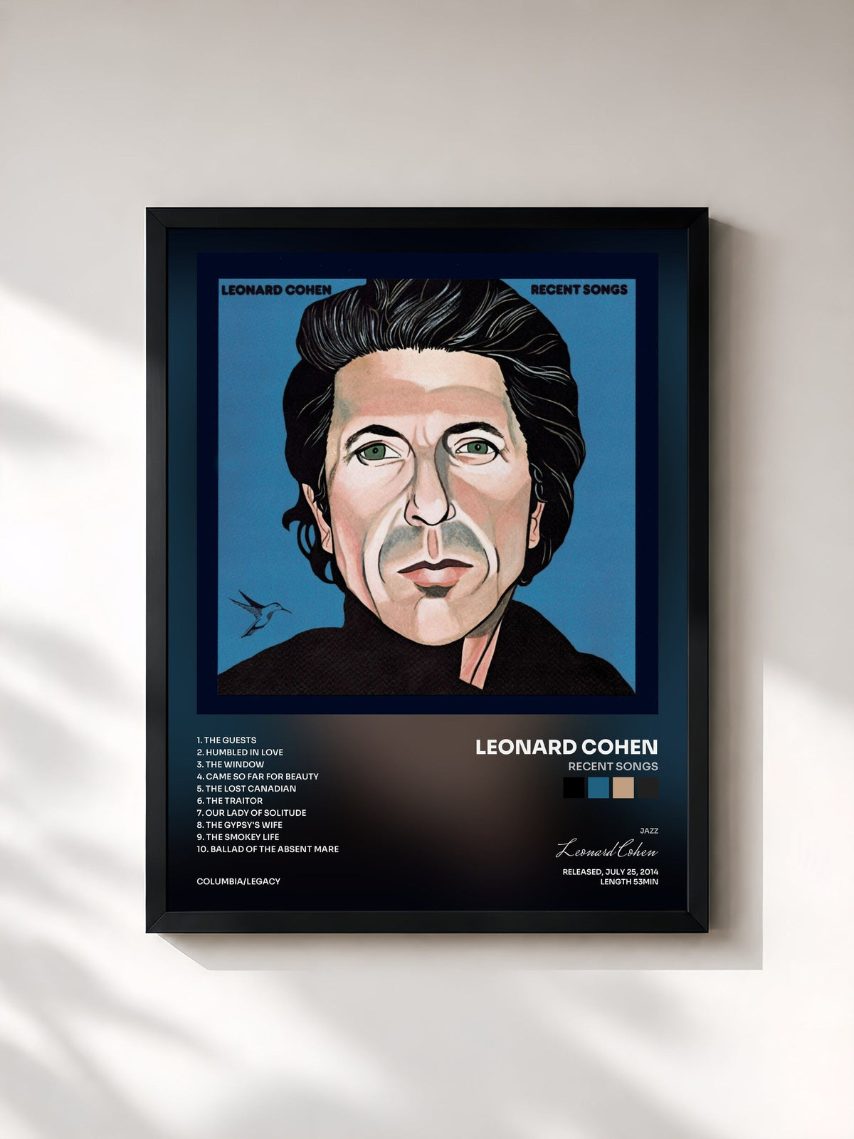 #noir Tableau de l'album Recent Songs de Leonard Cohen, cadre noir, imprimé et encadré en France