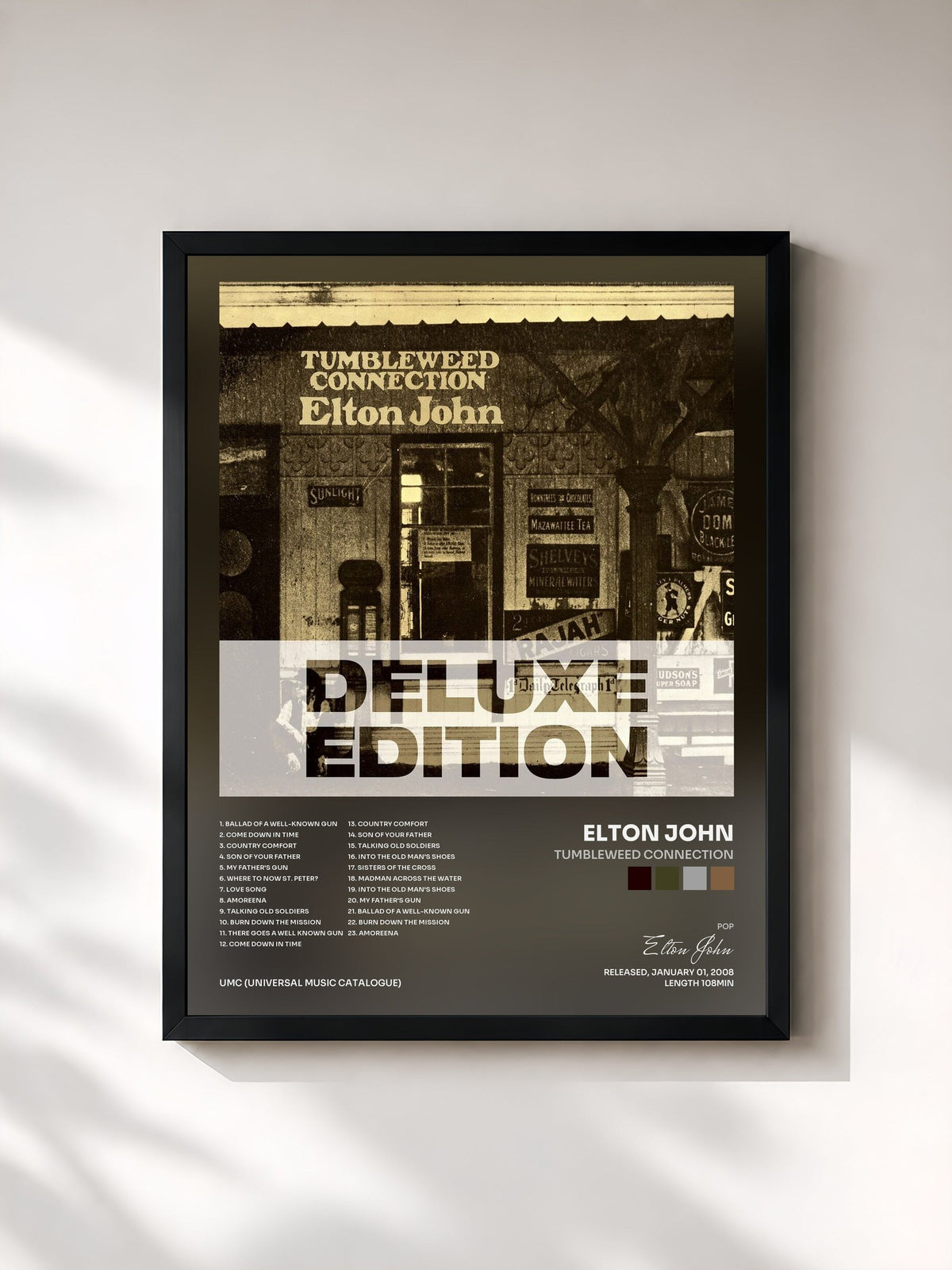 #noir Tableau de l'album Tumbleweed Connection de Elton John, cadre noir, imprimé et encadré en France