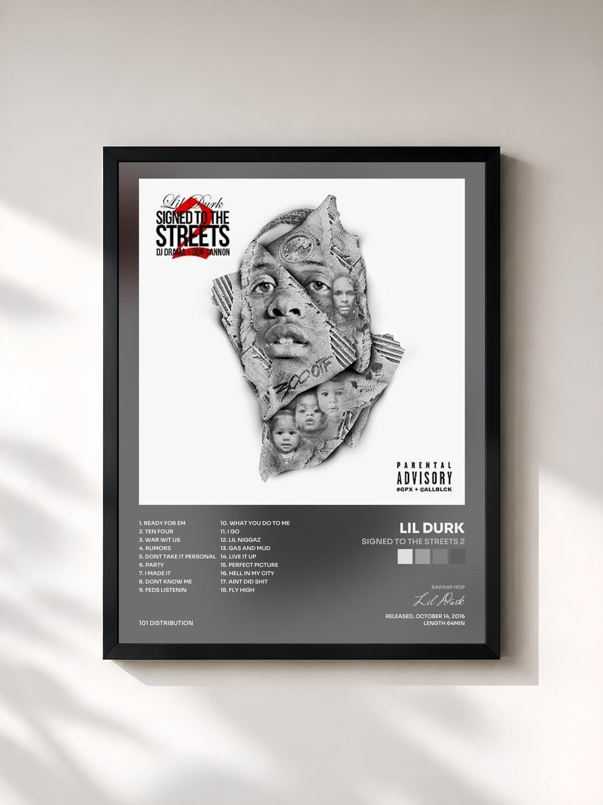 #noir Tableau de l'album Signed To The Streets 2 de Lil Durk, cadre noir, imprimé et encadré en France