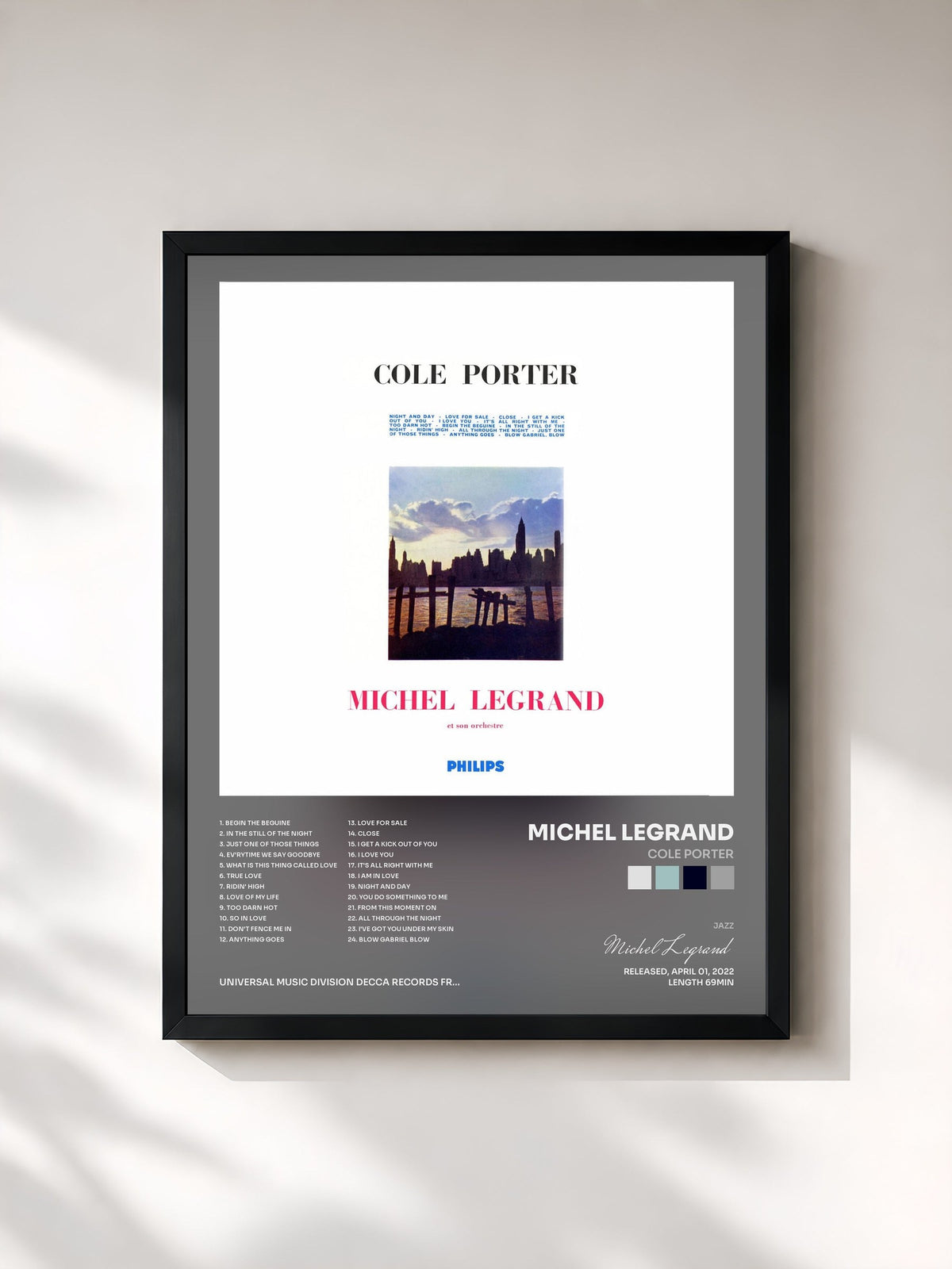 #noir Tableau de l'album Cole Porter de Michel Legrand, cadre noir, imprimé et encadré en France