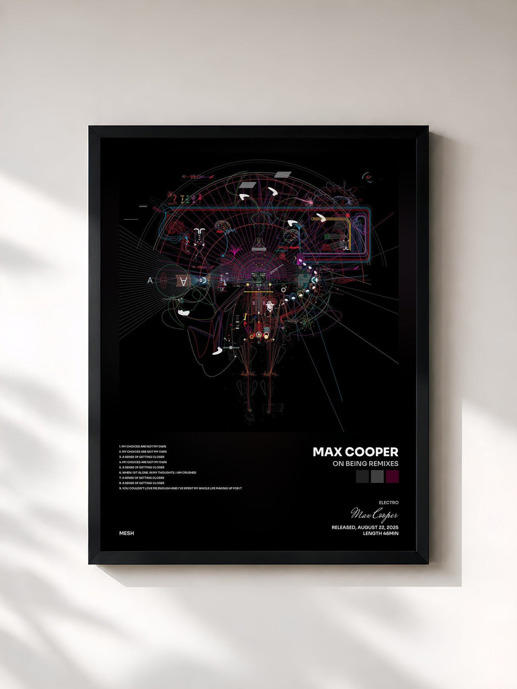 #noir Tableau de l'album On Being Remixes de Max Cooper, cadre noir, imprimé et encadré en France