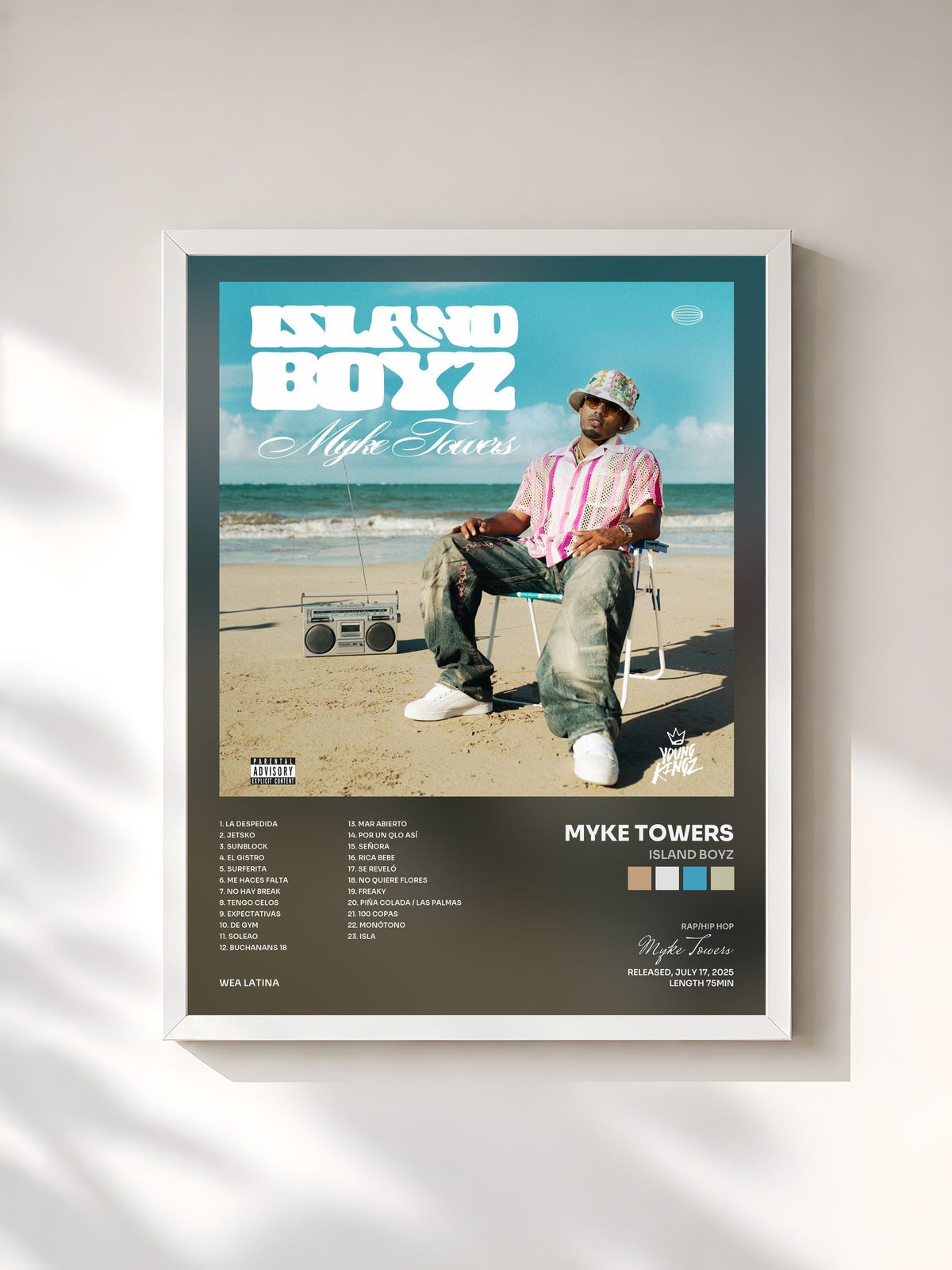 #blanc ISLAND BOYZ by Myke Towers as a framed art print, white frame, printed and framed in France