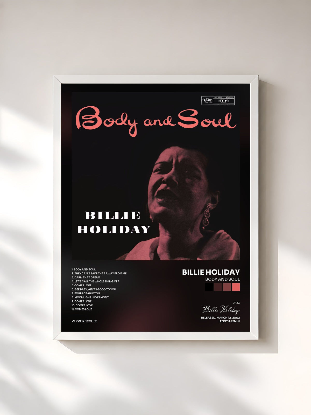 #blanc Tableau de l'album Body and Soul de Billie Holiday, cadre blanc, imprimé et encadré en France
