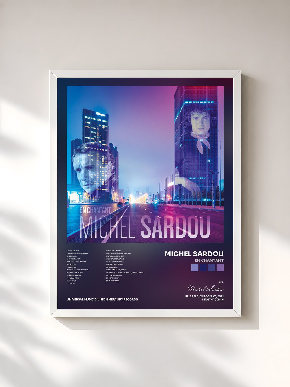 #blanc Tableau de l'album En chantant de Michel Sardou, cadre blanc, imprimé et encadré en France