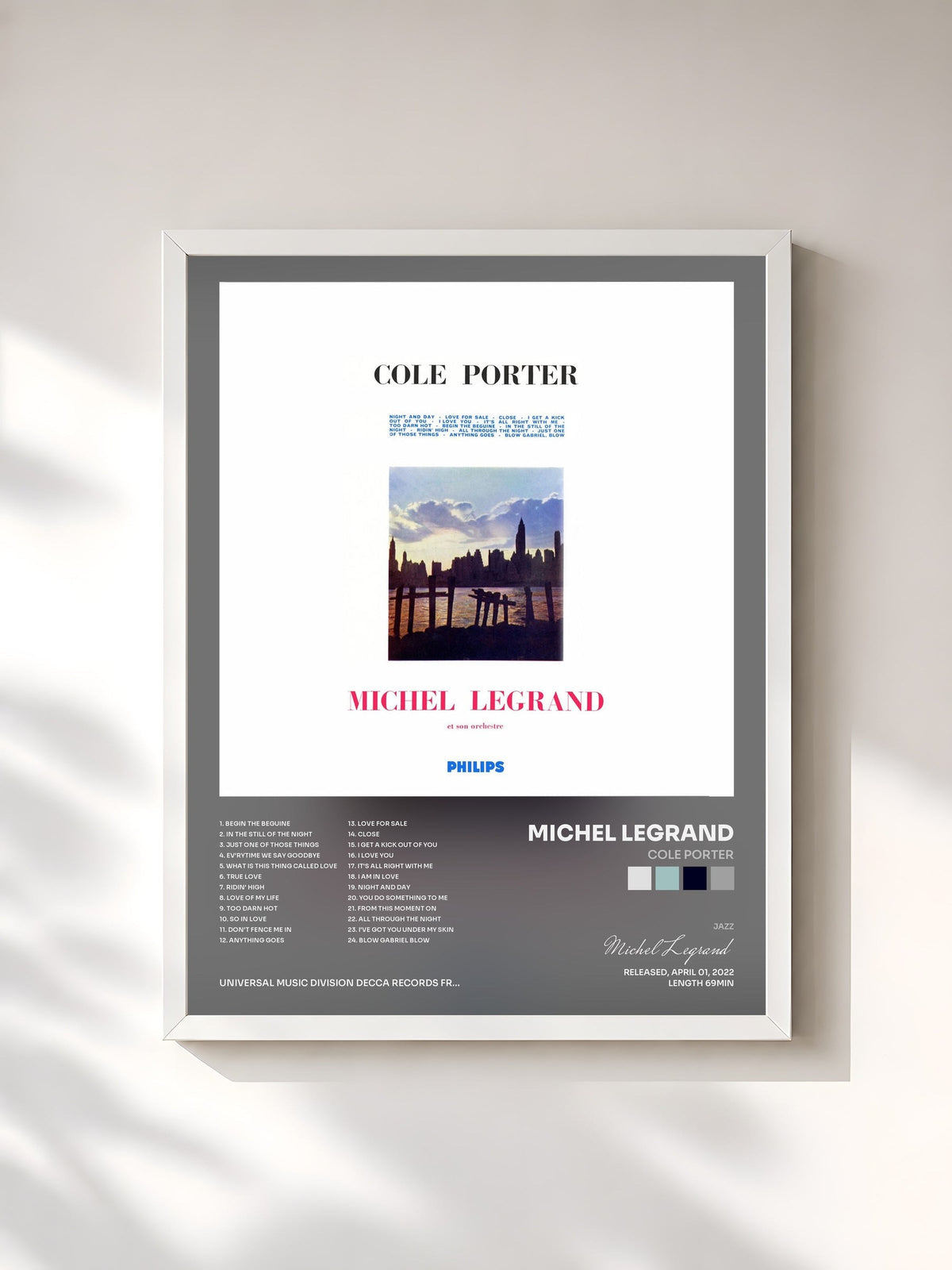 #blanc Tableau de l'album Cole Porter de Michel Legrand, cadre blanc, imprimé et encadré en France
