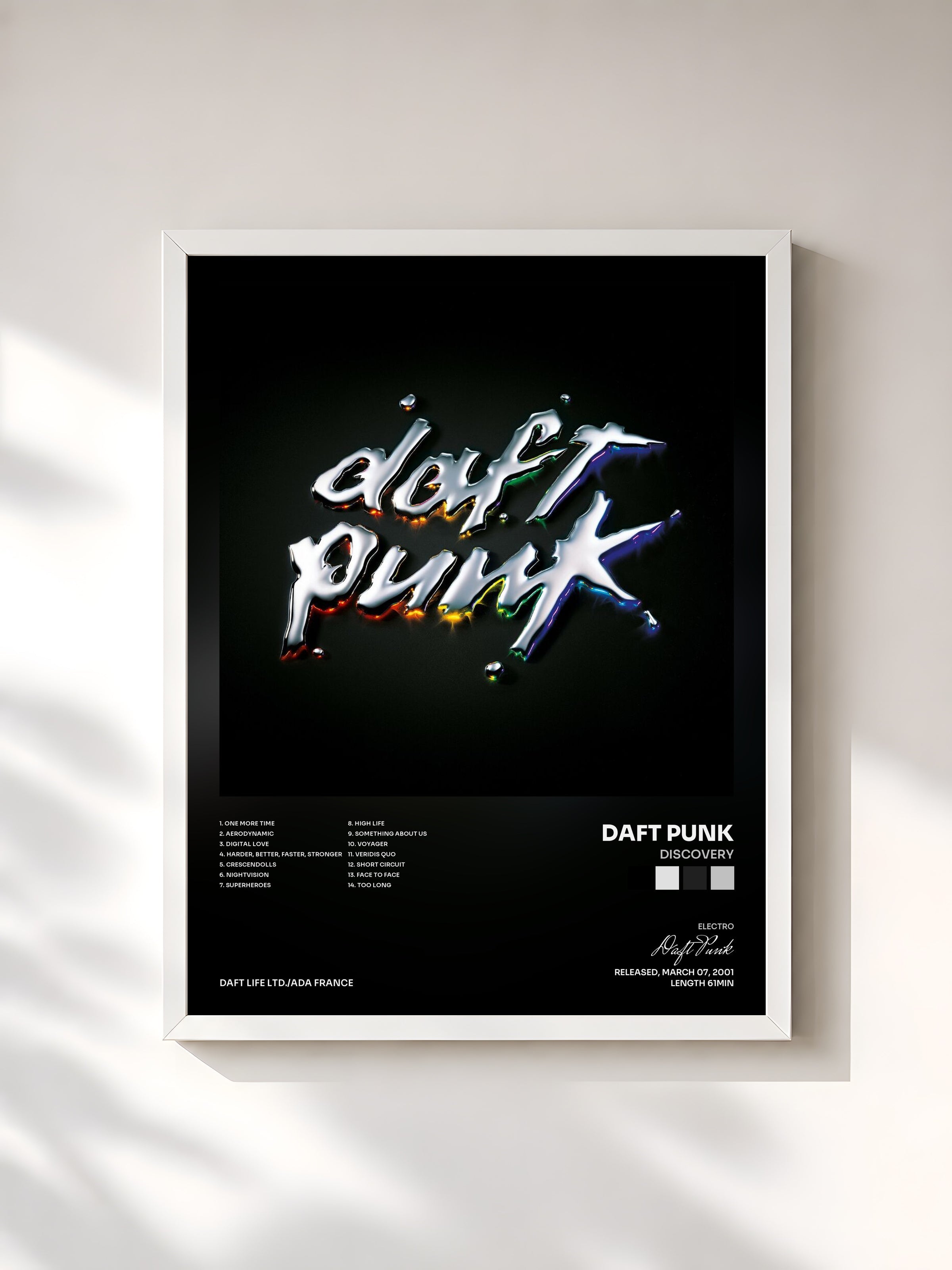 #blanc Discovery di Daft Punk in stampa incorniciata, cornice bianca, stampata e incorniciata in Francia