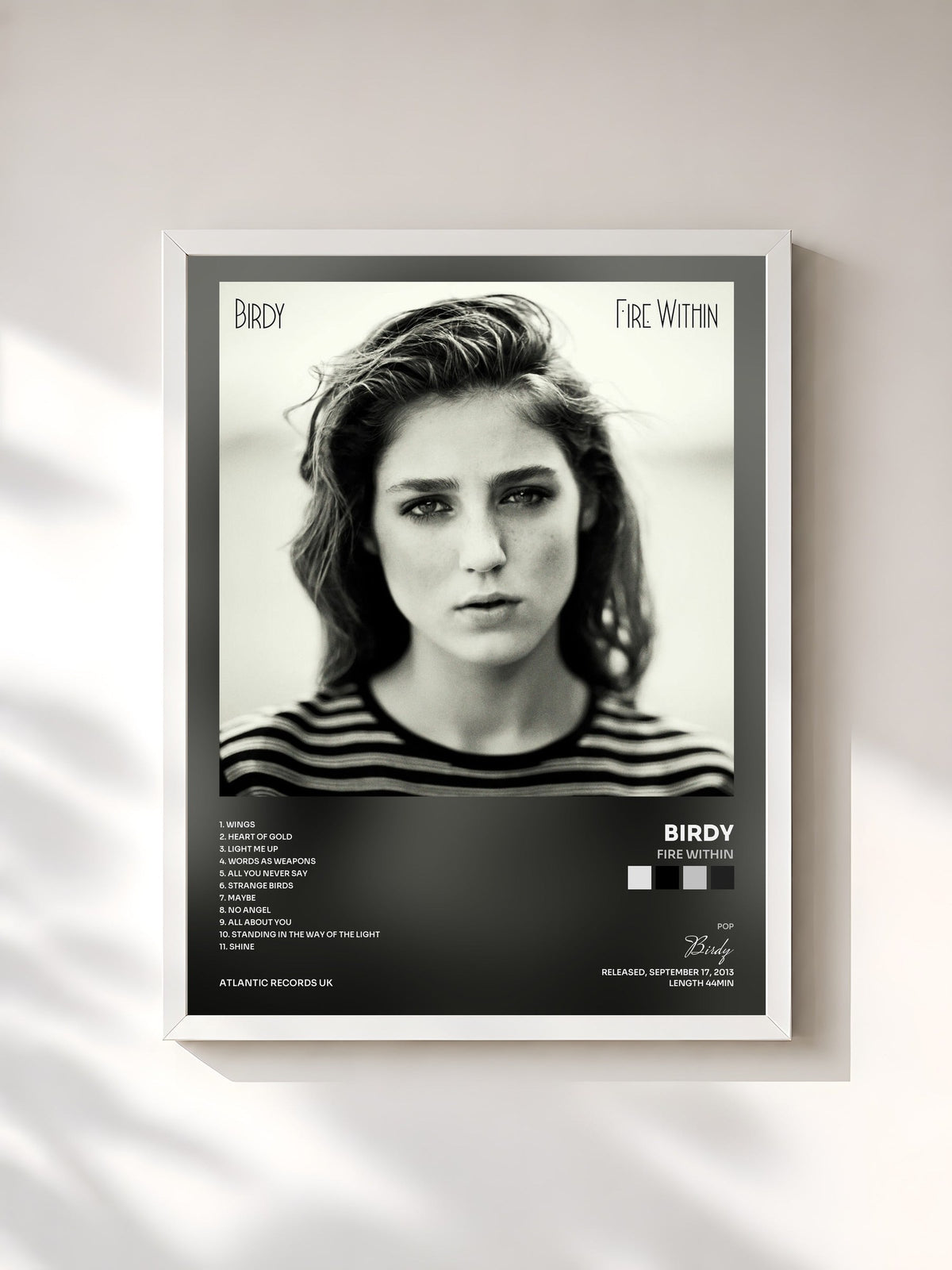 #blanc Tableau de l'album Fire Within de Birdy, cadre blanc, imprimé et encadré en France