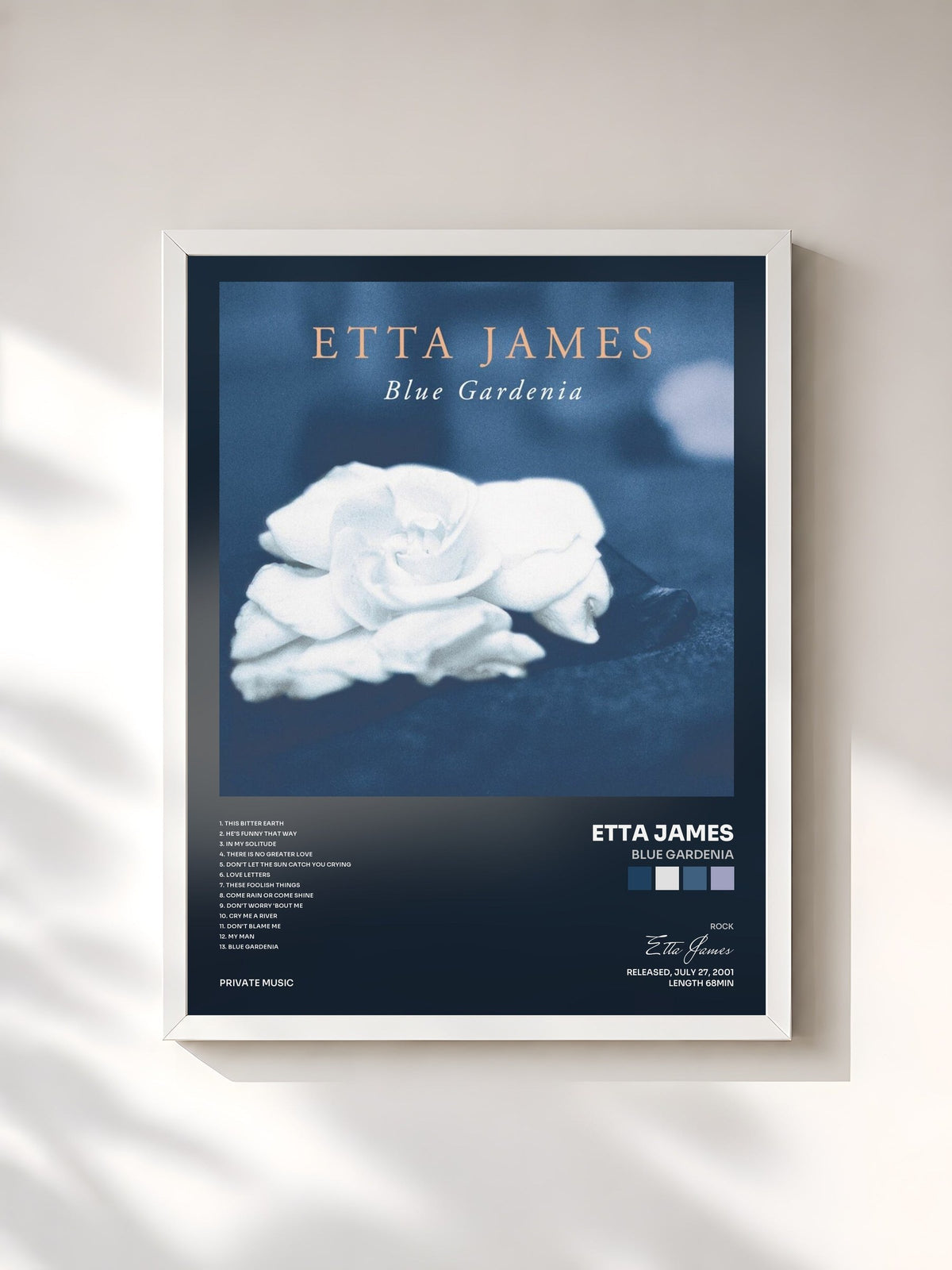 #blanc Tableau de l'album Blue Gardenia de Etta James, cadre blanc, imprimé et encadré en France