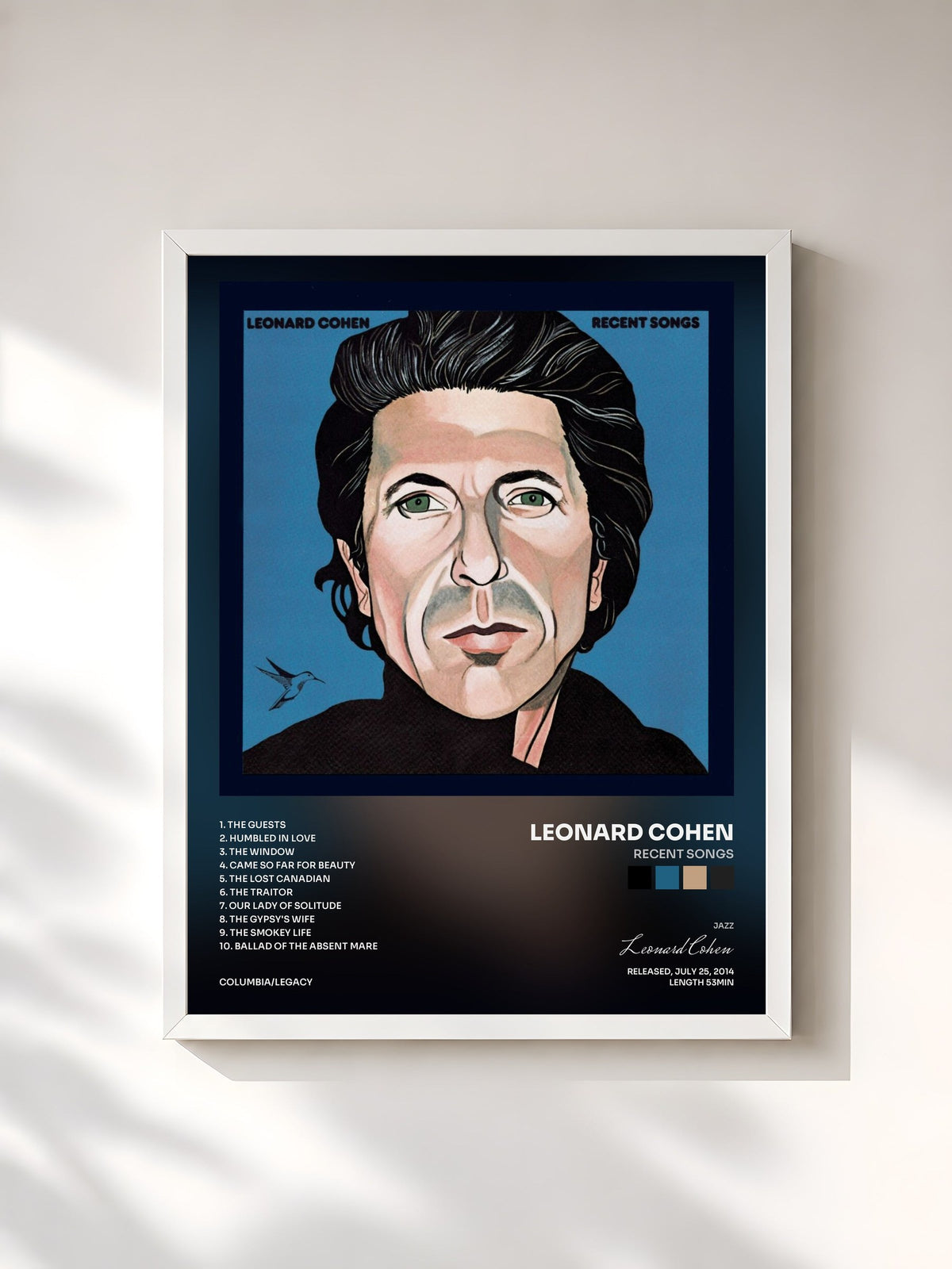 #blanc Tableau de l'album Recent Songs de Leonard Cohen, cadre blanc, imprimé et encadré en France