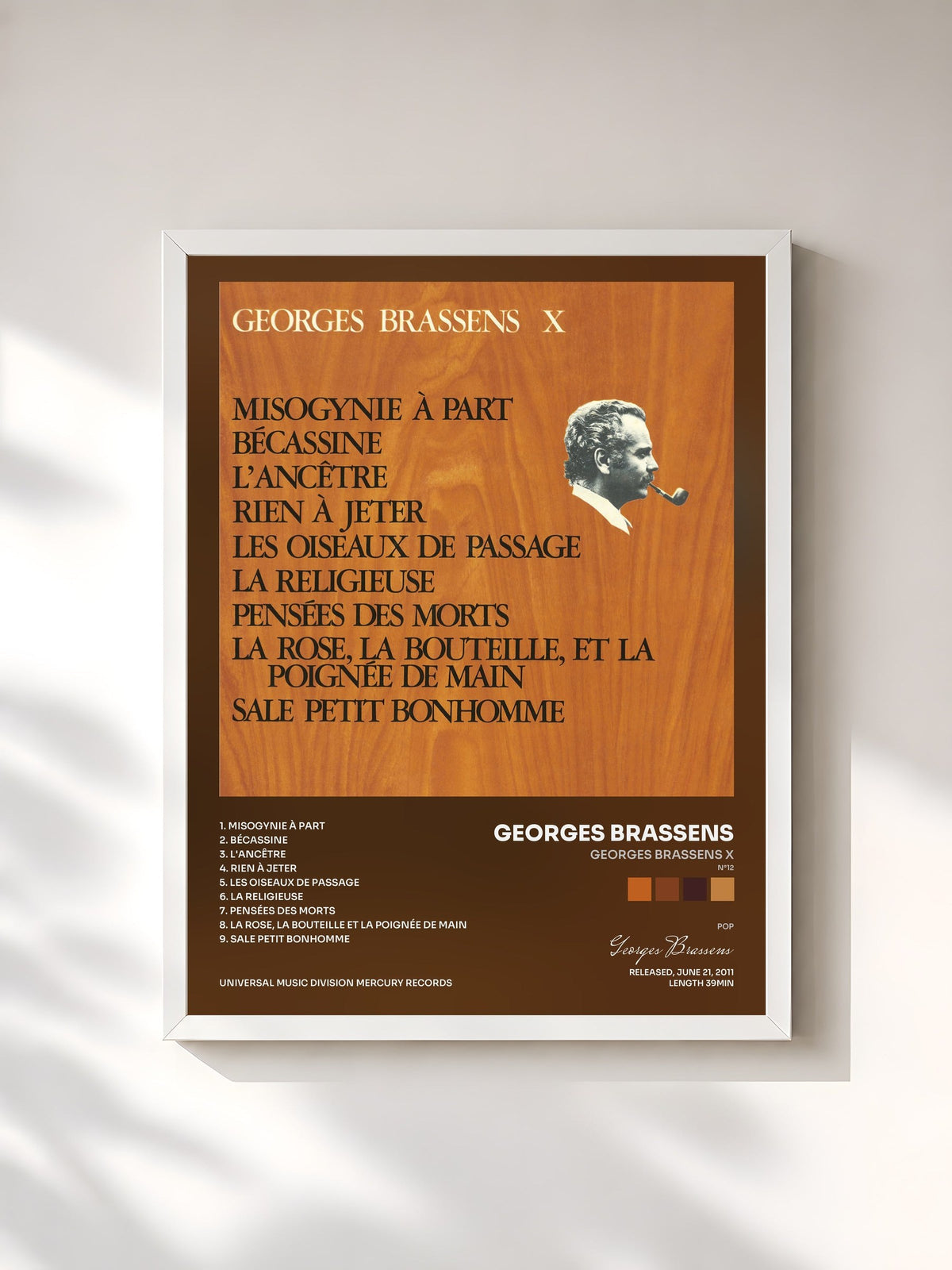#blanc Tableau de l'album Georges Brassens X (N°12) Misogynie à part de Georges Brassens, cadre blanc, imprimé et encadré en France