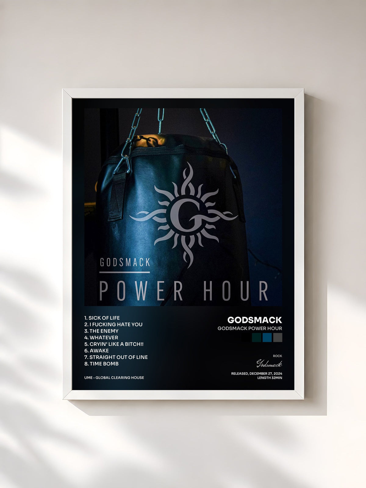 #blanc Tableau de l'album Godsmack Power Hour de Godsmack, cadre blanc, imprimé et encadré en France